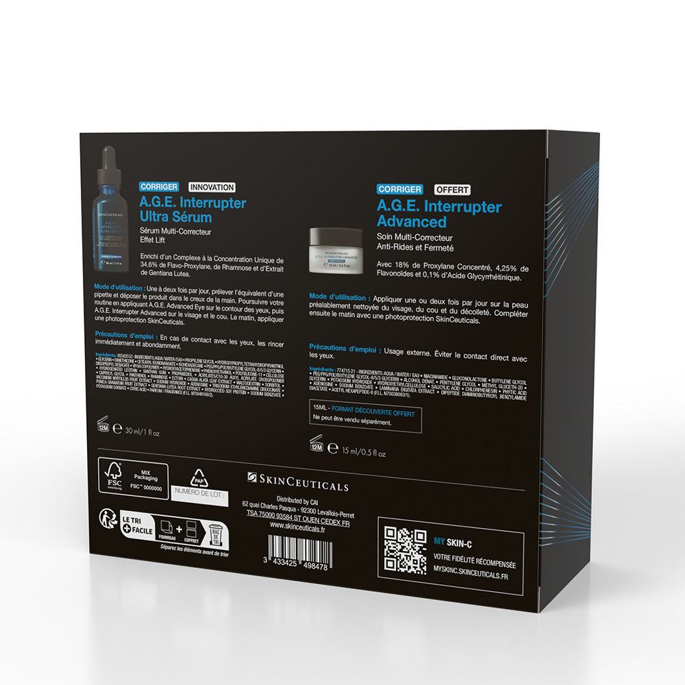 Dos du coffret SKINCEUTICALS. Texte et informations produit. Contient sérum et crème. Logo et noms des produits.