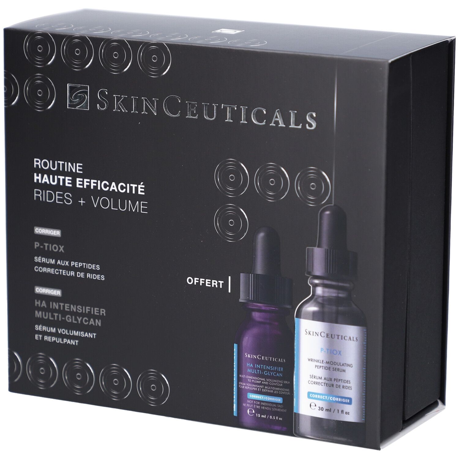 Coffret noir SkinCeuticals. Contient deux flacons. Texte: Routine Haute Efficacité Rides + Volume.