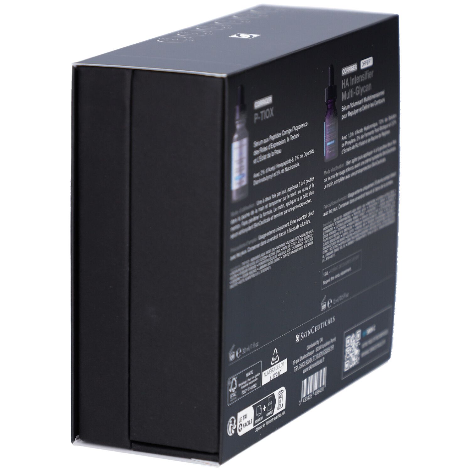 Coffret noir en biais. Dos avec informations produit. SkinCeuticals, P-Tiox, HA Intensifier.