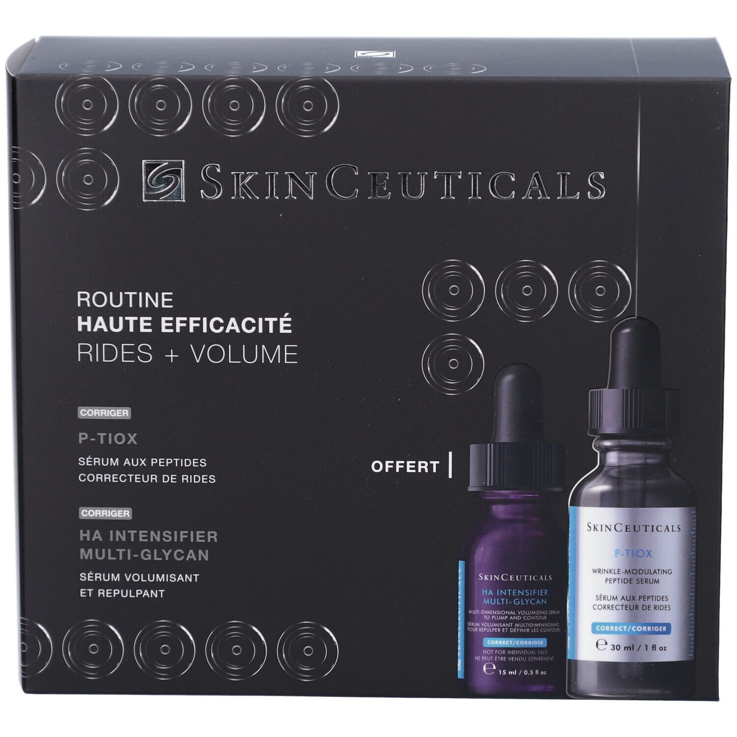 Coffret noir avec deux flacons. SkinCeuticals, Routine Haute Efficacité Rides + Volume. Offert.