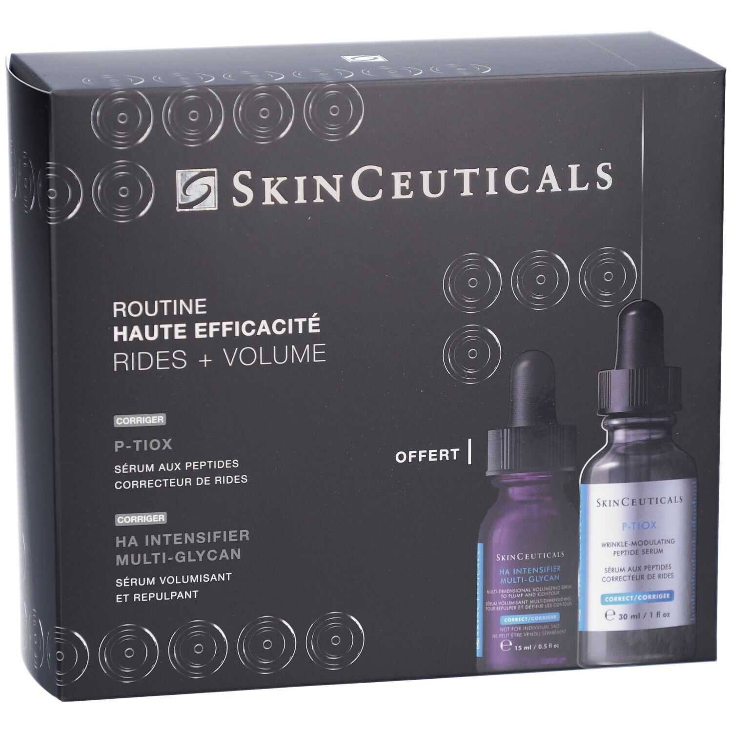 Coffret noir avec deux flacons. SkinCeuticals, Routine Haute Efficacité Rides + Volume. Offert.