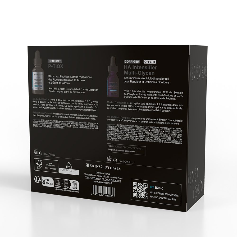 Dos du coffret SKINCEUTICALS. Texte et informations sur le produit. Fond noir.