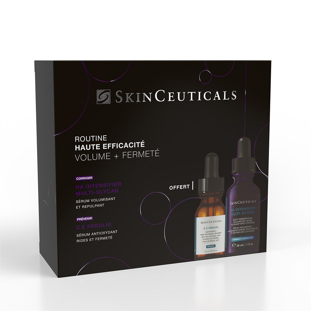 Coffret noir avec deux flacons. Inscription : SkinCeuticals, Routine Haute Efficacité Volume + Fermeté.