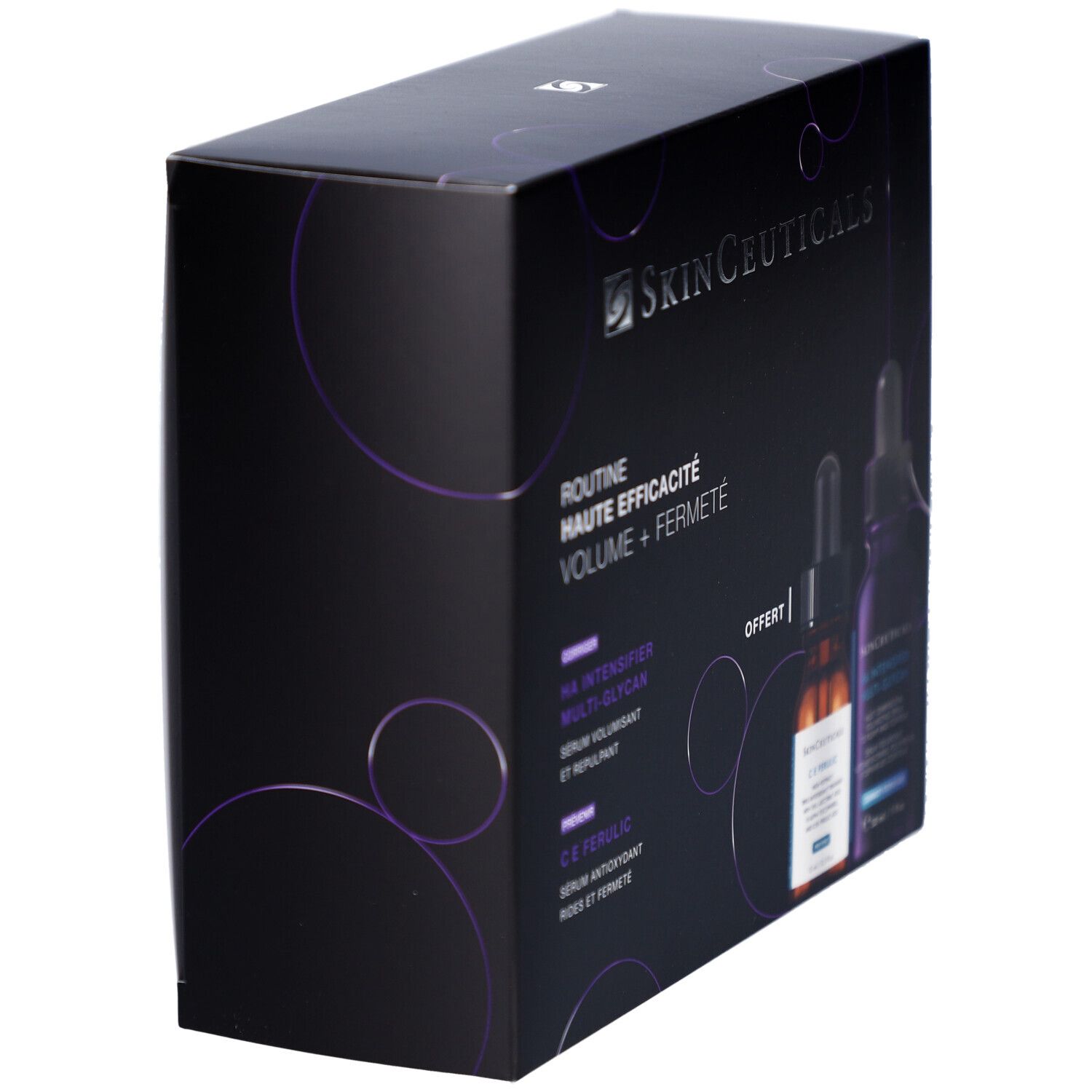 Coffret noir avec logo et texte SkinCeuticals. Contient deux flacons de sérum. Inscription : Routine Haute Efficacité, Volume + Fermeté.