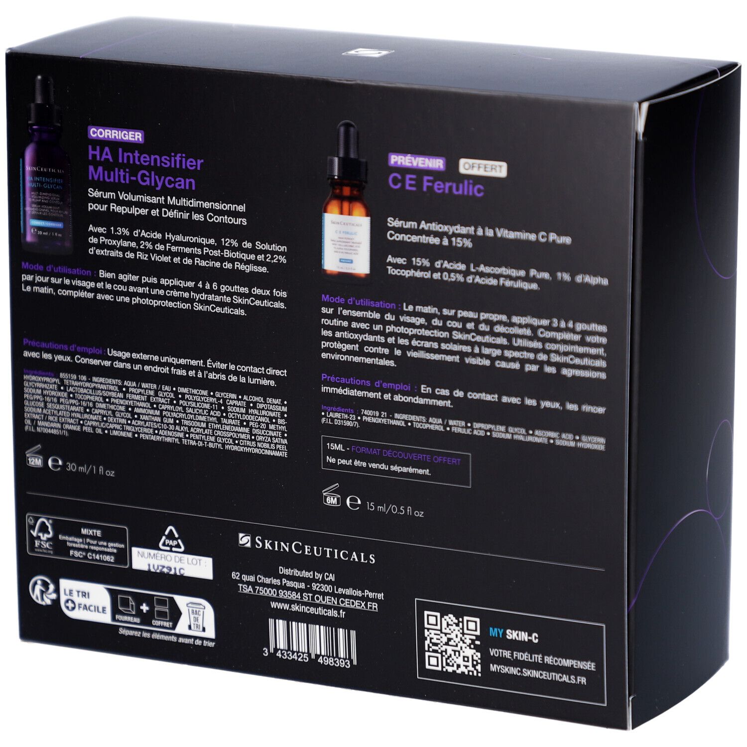 Dos du coffret avec informations produit. Logo et texte SkinCeuticals. Contient des informations sur les ingrédients et l'utilisation.