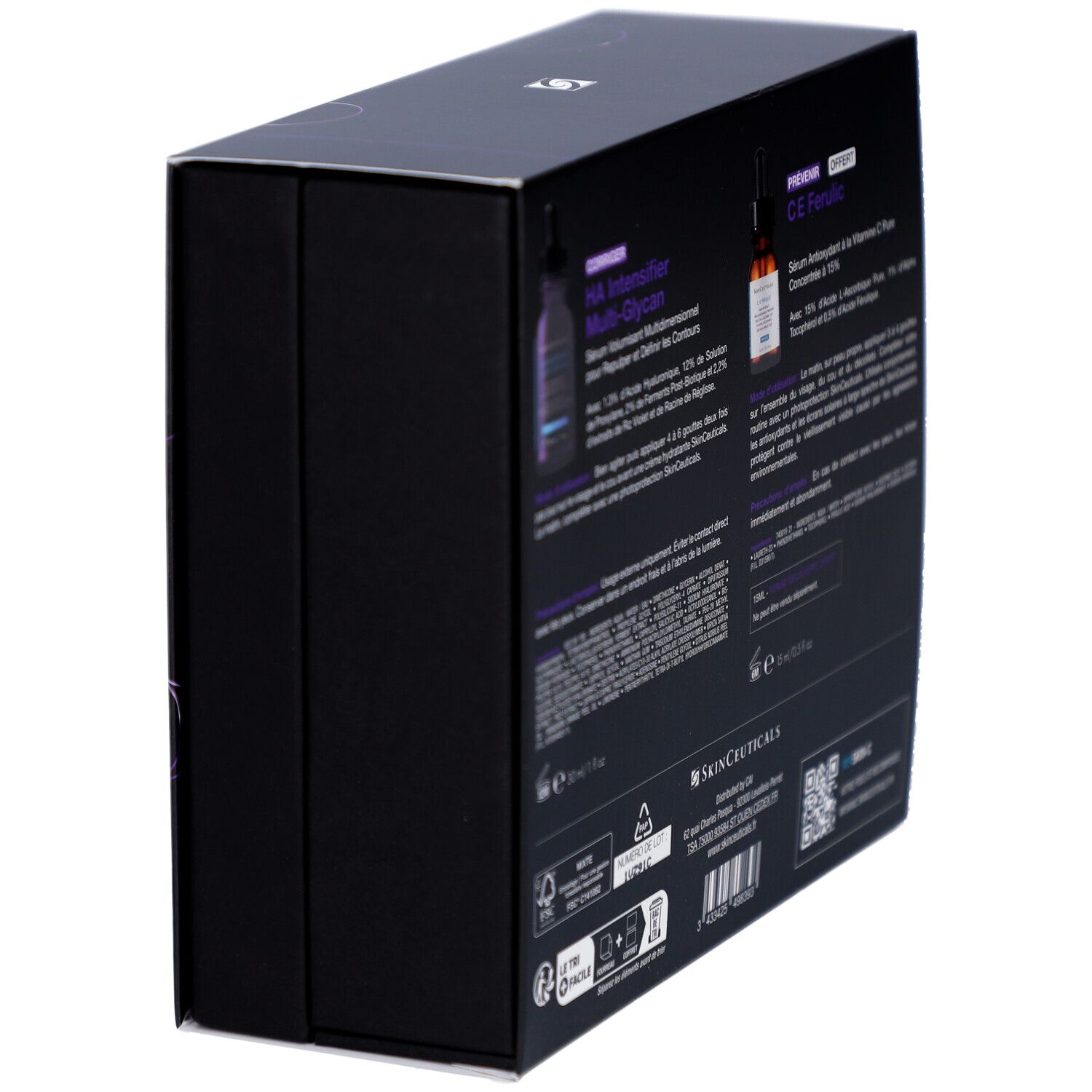 Coffret noir avec informations produit. Logo et texte SkinCeuticals. Contient des informations sur les ingrédients et l'utilisation.