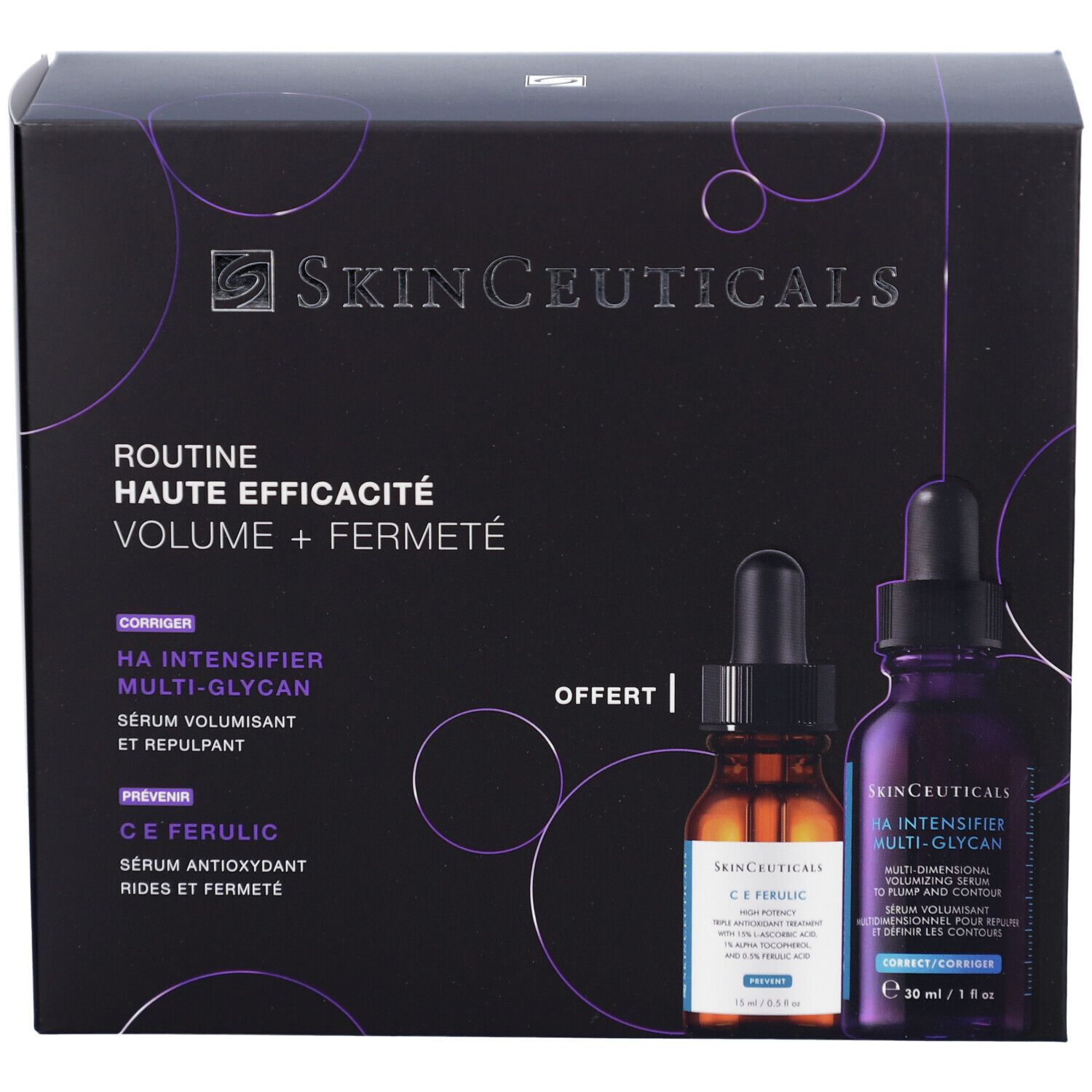 Coffret avec deux sérums. Logo et texte SkinCeuticals. Une bouteille orange, l'autre violette. Inscription : Routine Haute Efficacité.
