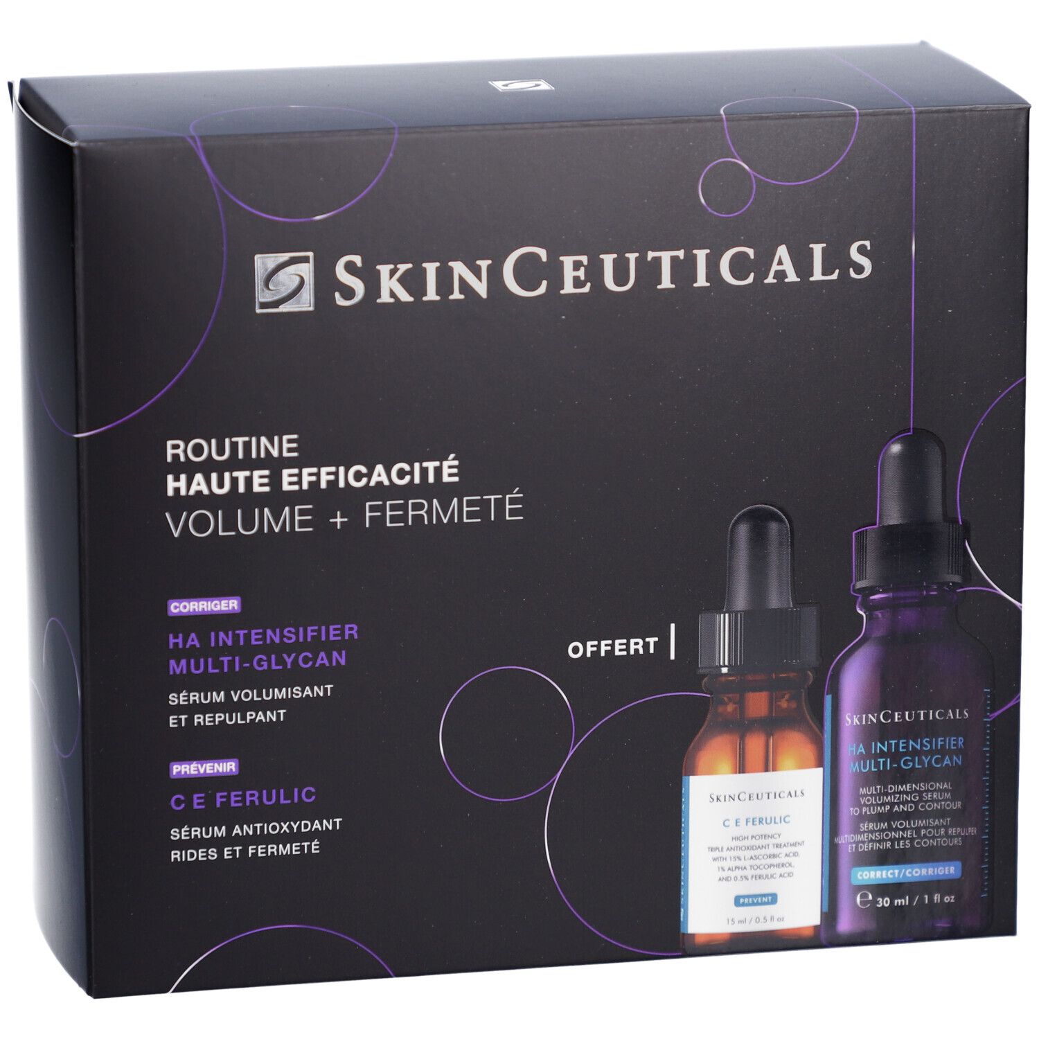 Coffret avec deux sérums. Logo et texte SkinCeuticals. Une bouteille orange, l'autre violette. Inscription : Routine Haute Efficacité.
