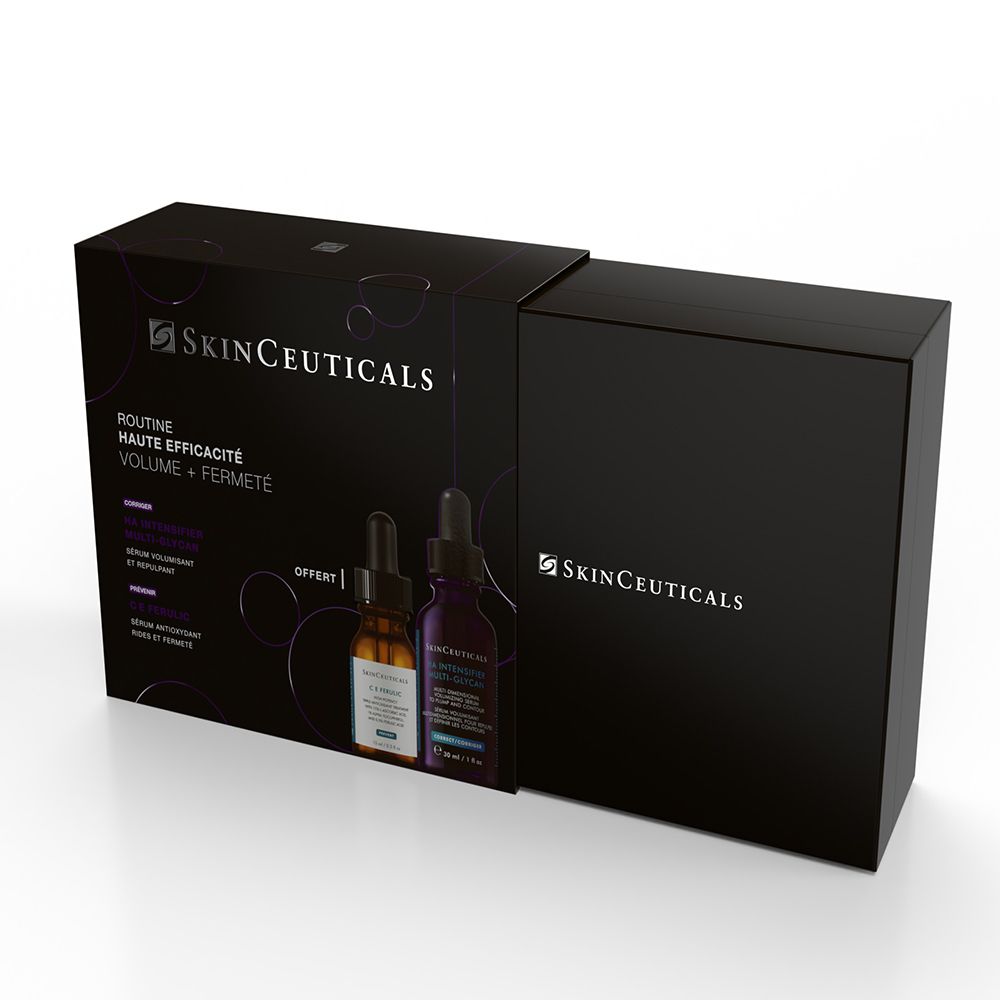 Coffret noir avec deux flacons. Logo SkinCeuticals et noms des produits visibles.