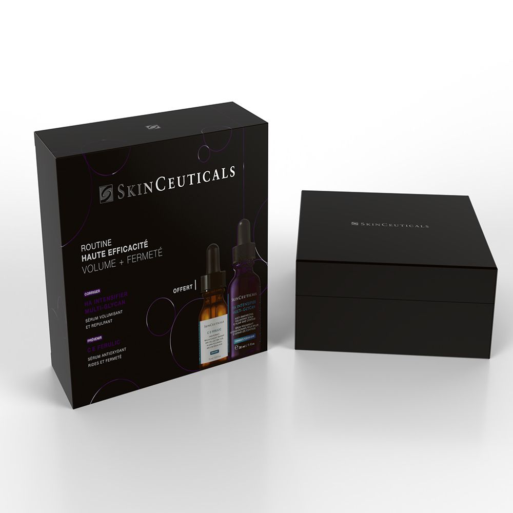 Coffret noir avec deux flacons. Logo SkinCeuticals et noms des produits visibles.