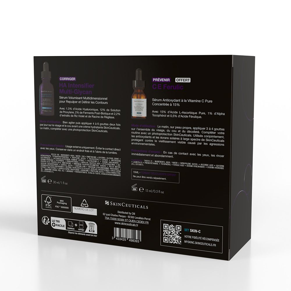 Dos du coffret noir. Texte et logos SkinCeuticals visibles.
