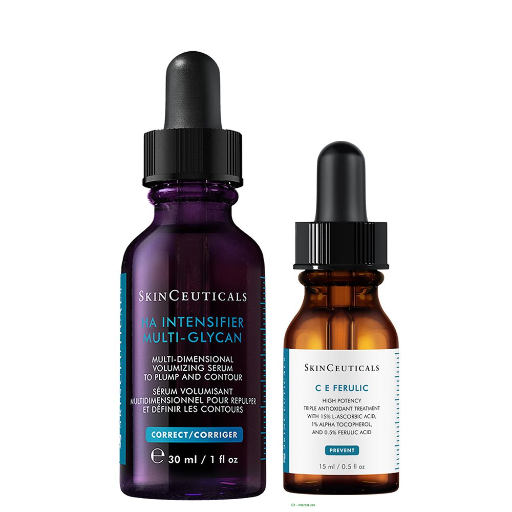 Deux flacons avec pipettes. Un brun et un violet. Logo SkinCeuticals.