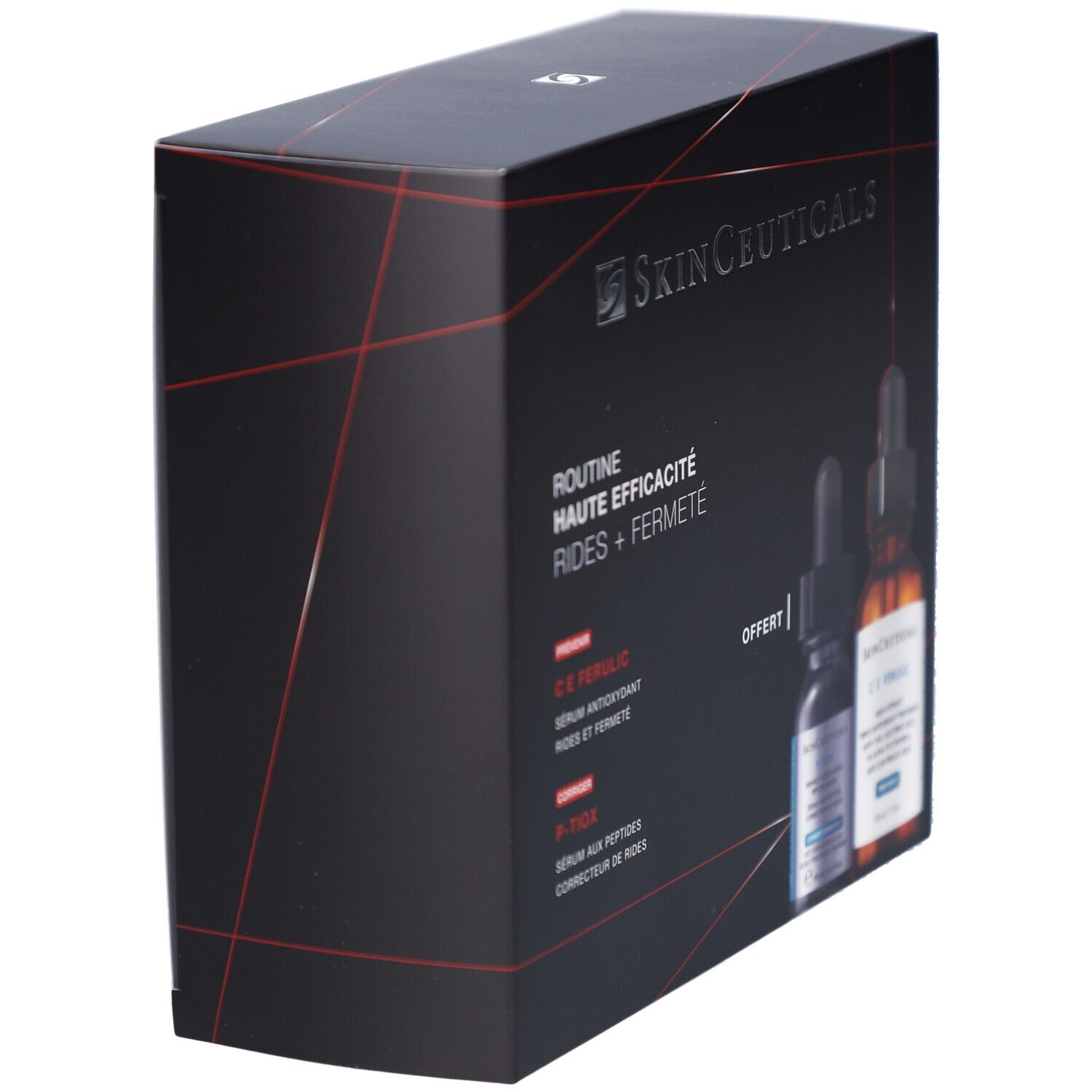 Coffret noir incliné. Logo SkinCeuticals et noms de produits visibles. Texte: Routine, haute efficacité, rides + fermeté.