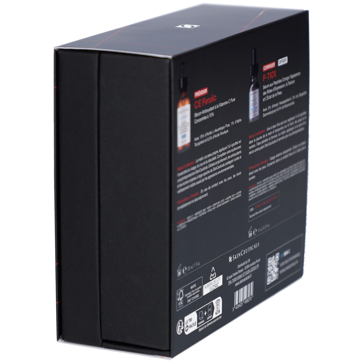 Coffret noir incliné. Dos avec informations produit et logo SkinCeuticals. Texte en français.