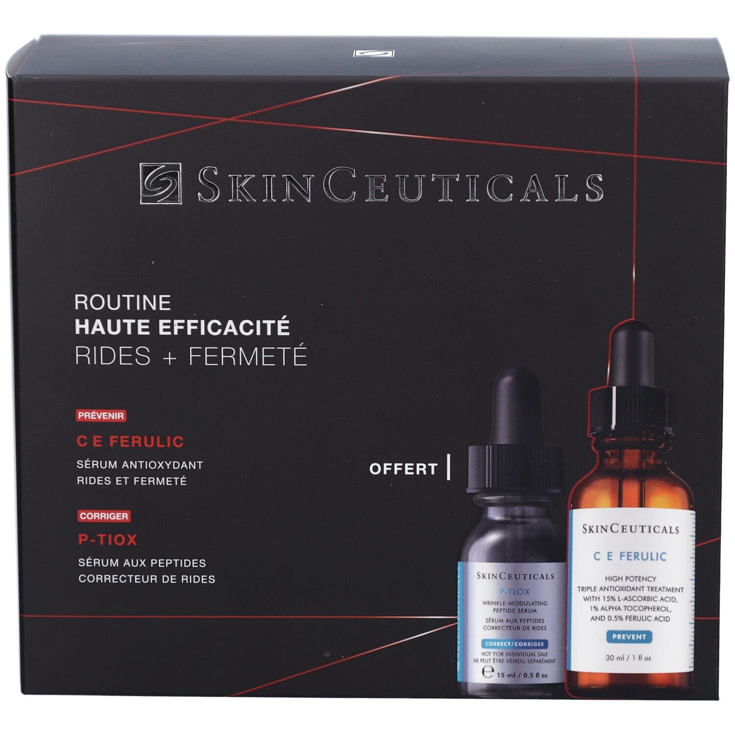 Coffret noir avec deux flacons. Logo SkinCeuticals et noms de produits visibles. Texte: Routine, haute efficacité, rides + fermeté.