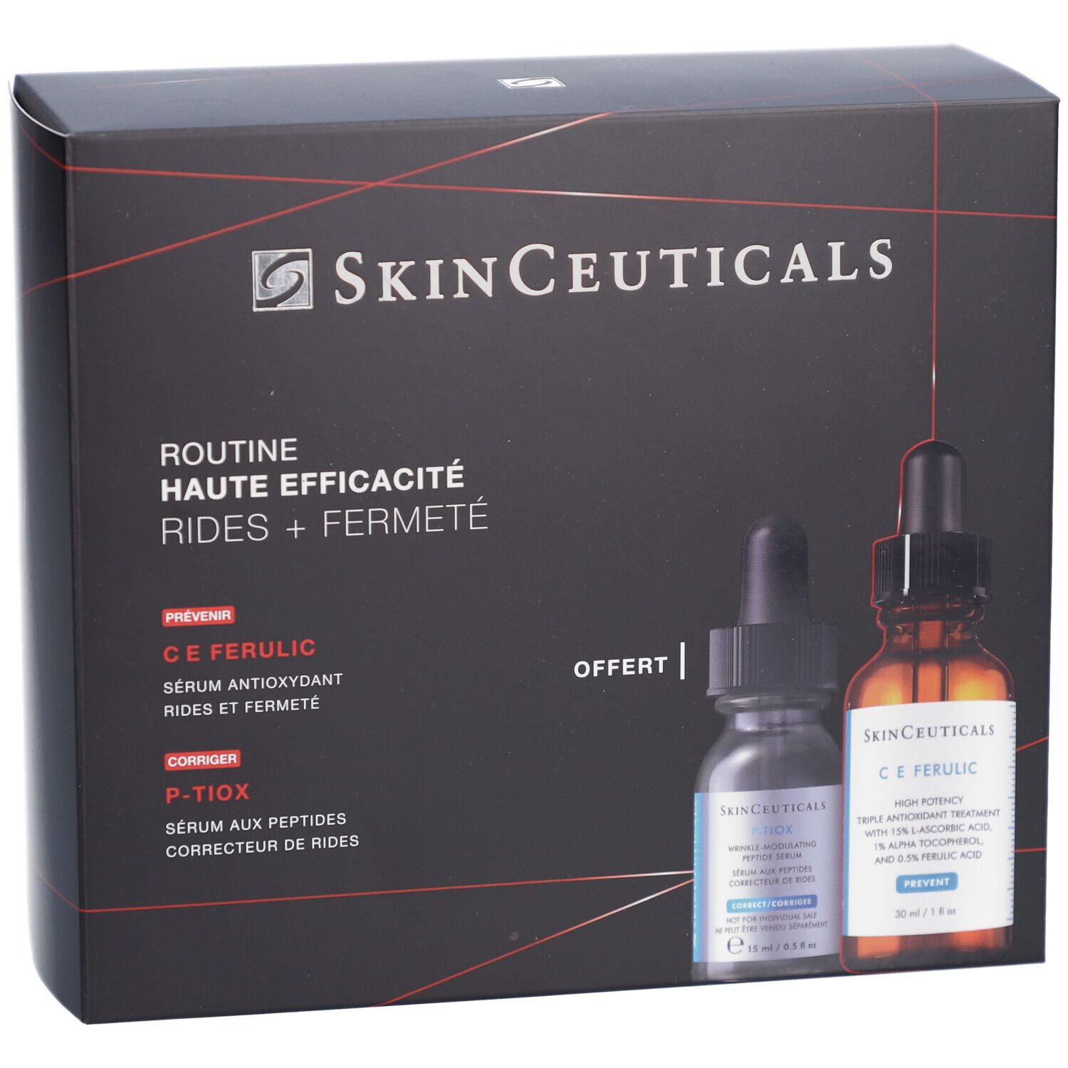 Coffret noir avec deux flacons. Logo SkinCeuticals et noms de produits visibles. Texte: Routine, haute efficacité, rides + fermeté.