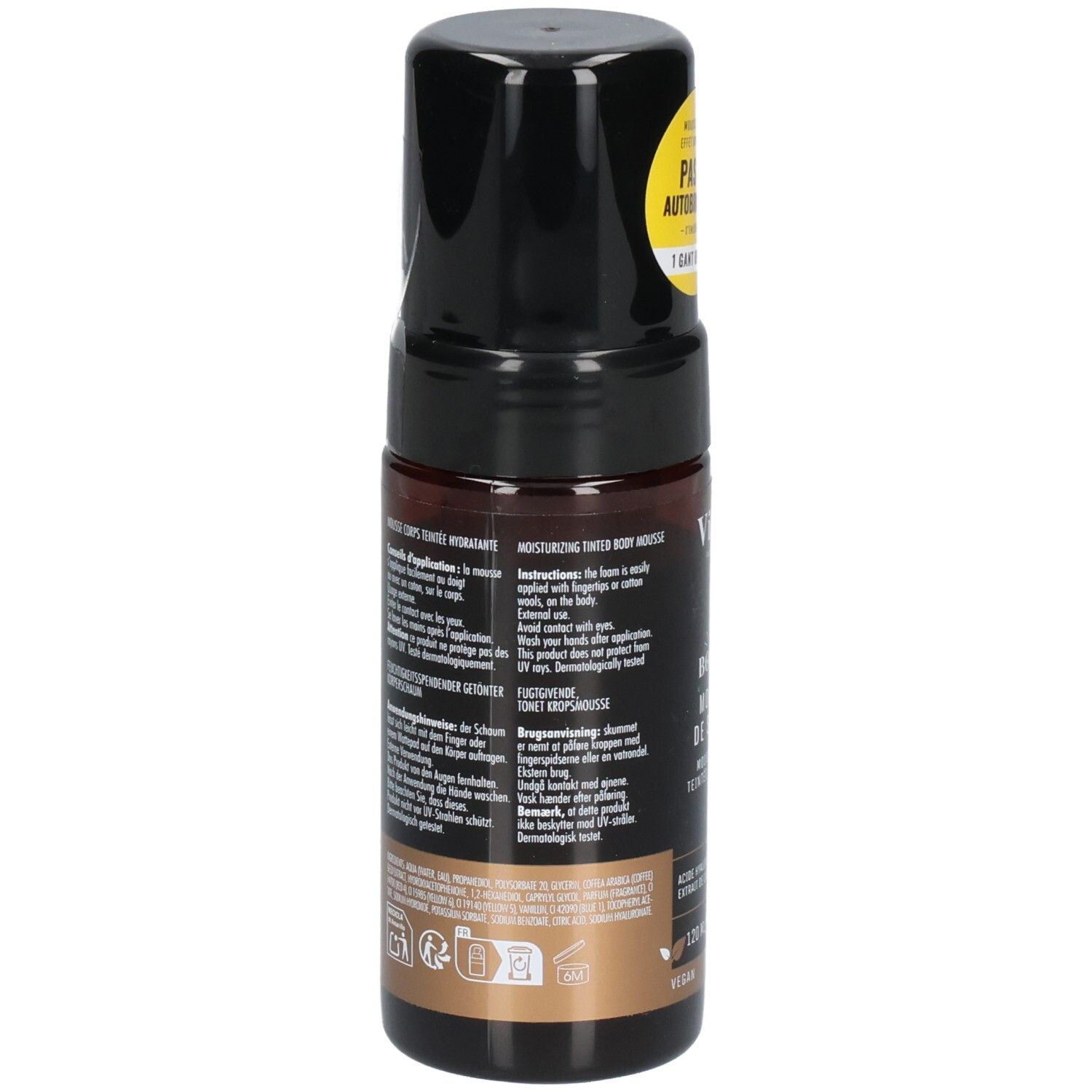 Flacon marron avec texte. Texte: MOUSSE CORPS TEINTÉE HYDRATANTE. Ingrédients et instructions d'utilisation.