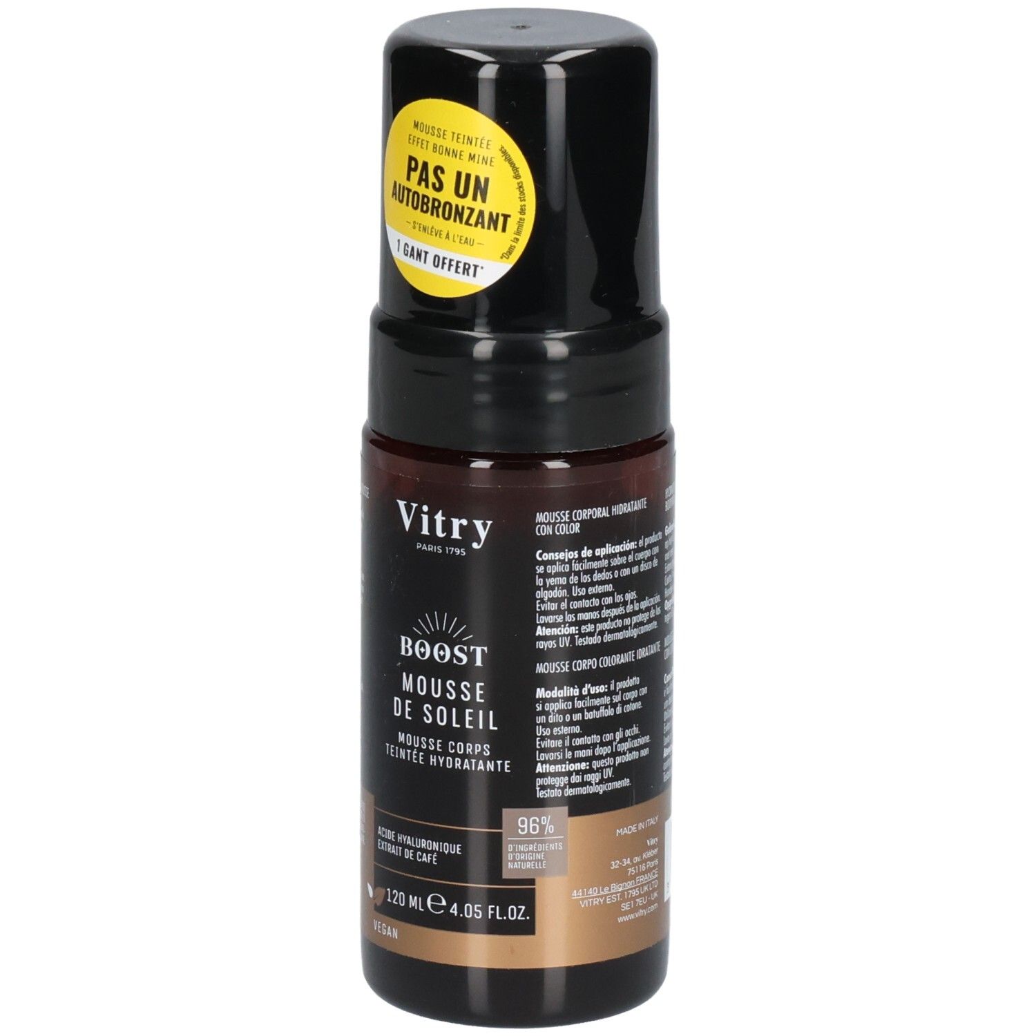 Flacon marron, bouchon noir. Autocollant: 'PAS UN AUTOBRONZANT'. Texte: BOOST MOUSSE DE SOLEIL. 120 ml.
