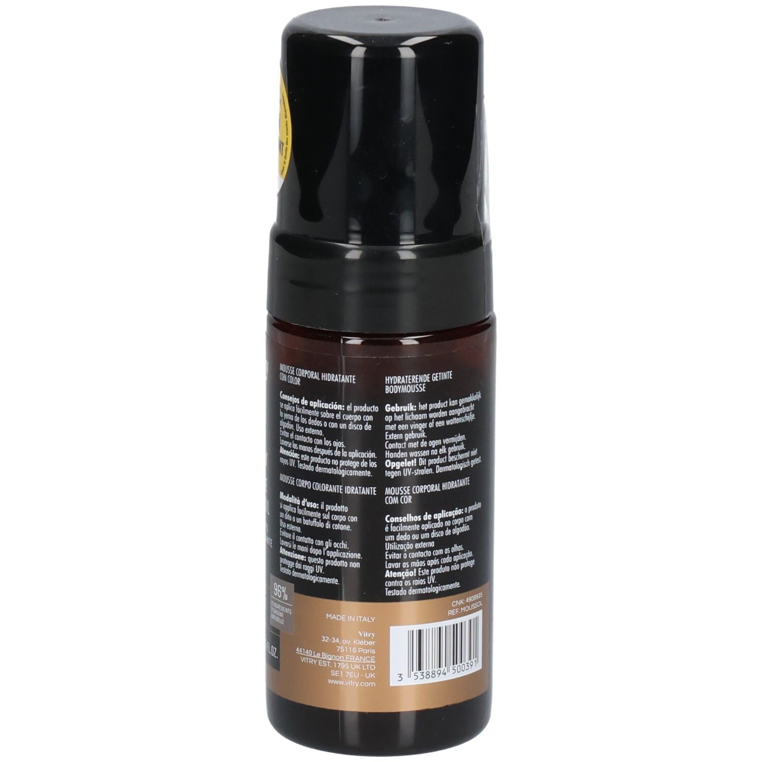Flacon marron avec texte. Texte: MOUSSE CORPS TEINTÉE HYDRATANTE. Conseils d'utilisation et ingrédients.
