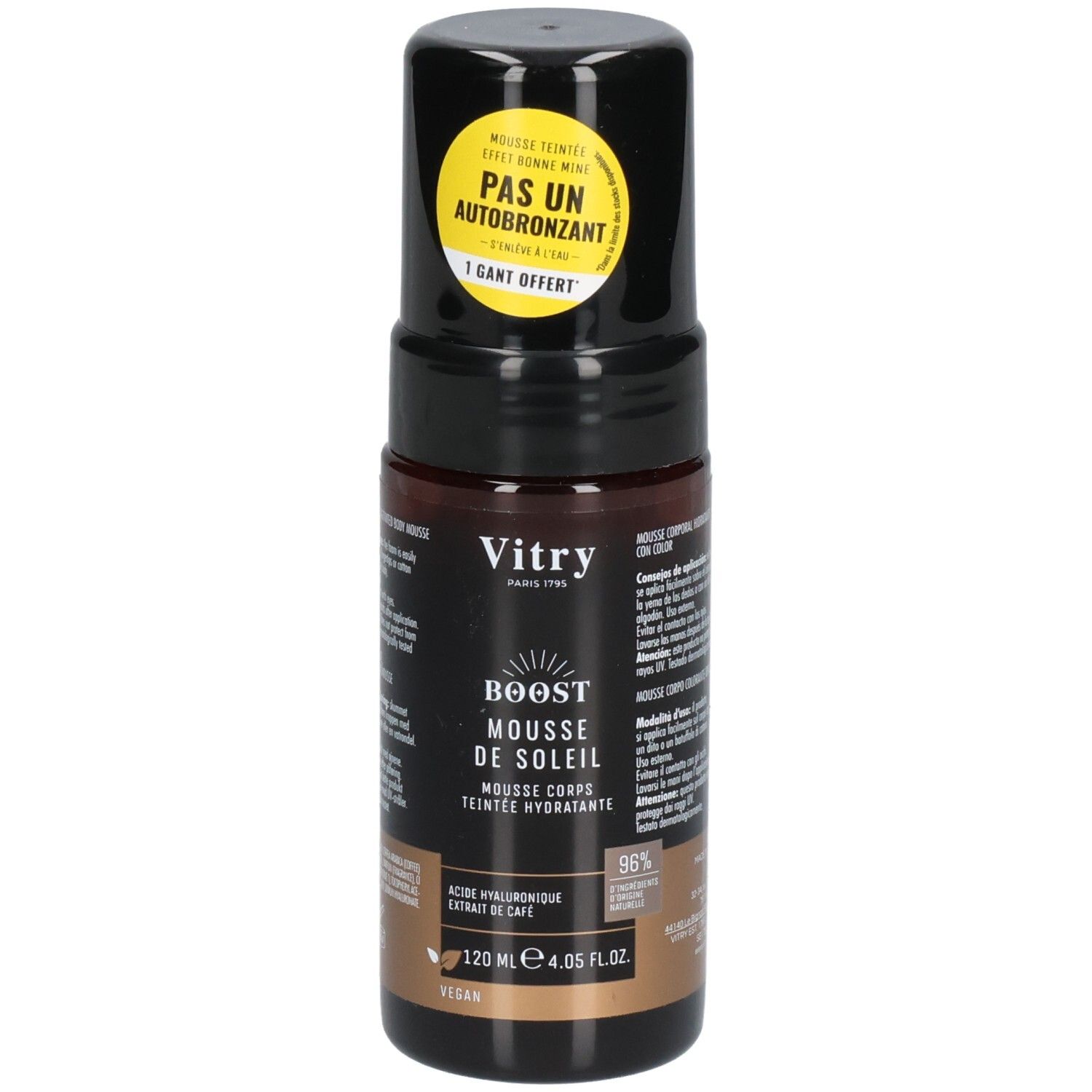 Flacon marron, bouchon noir. Autocollant: 'PAS UN AUTOBRONZANT'. Texte: BOOST MOUSSE DE SOLEIL. 120 ml.