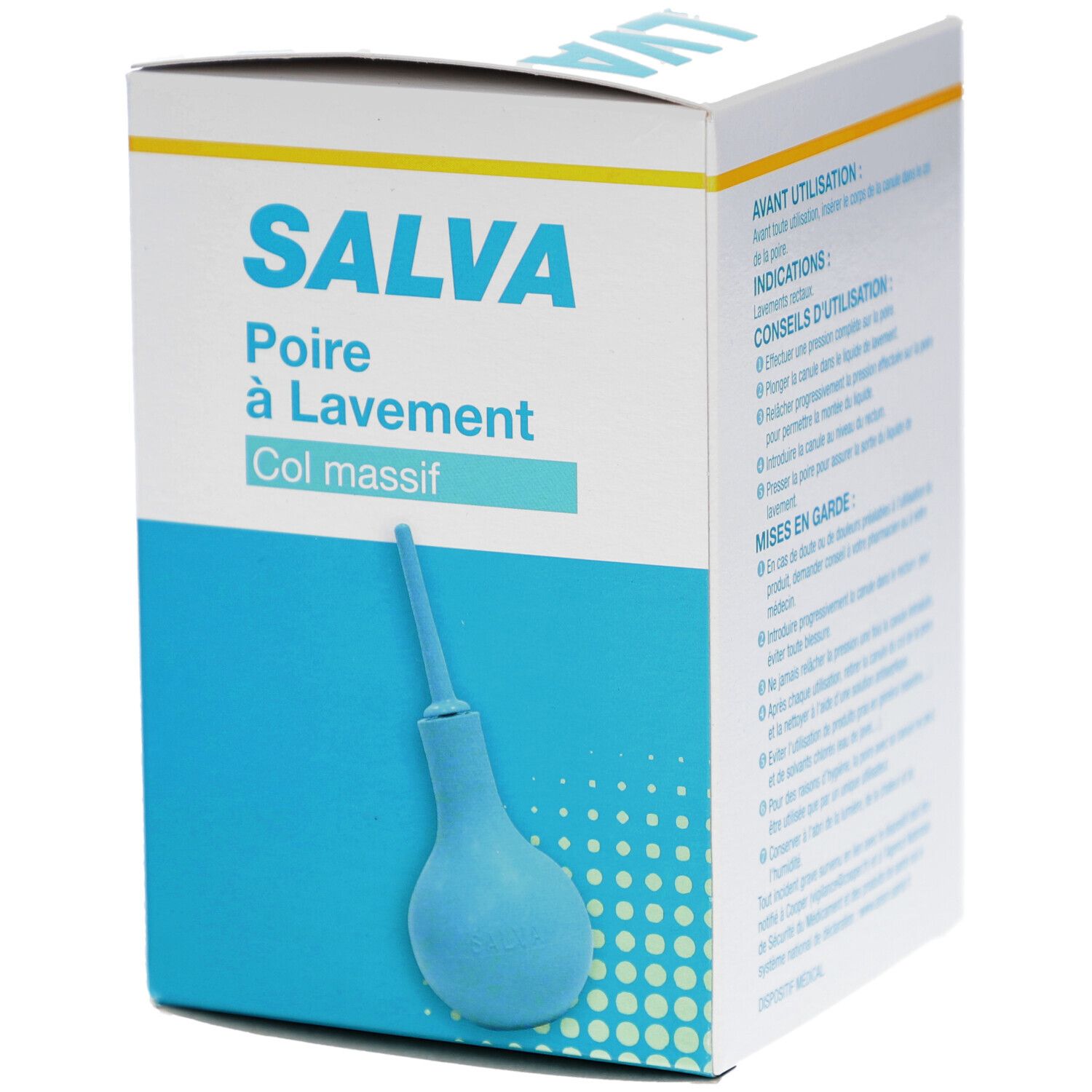 Boîte SALVA Poire à Lavement Col massif. Illustration bleue du produit. Design blanc et bleu.