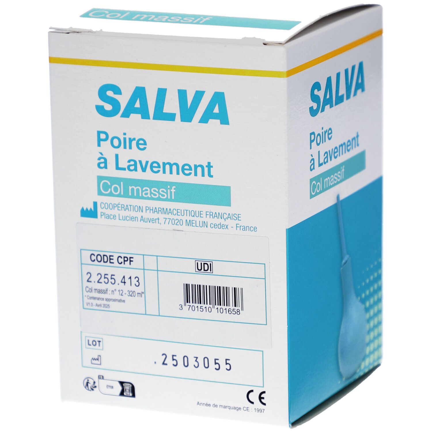 Boîte SALVA Poire à Lavement Col massif. Informations produit, code, UDI, numéro de lot. Marquage CE.