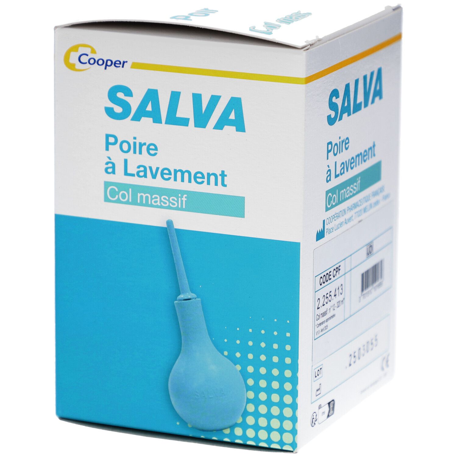 Boîte SALVA Poire à Lavement Col massif. Logo Cooper. Illustration du produit. Design blanc et bleu.