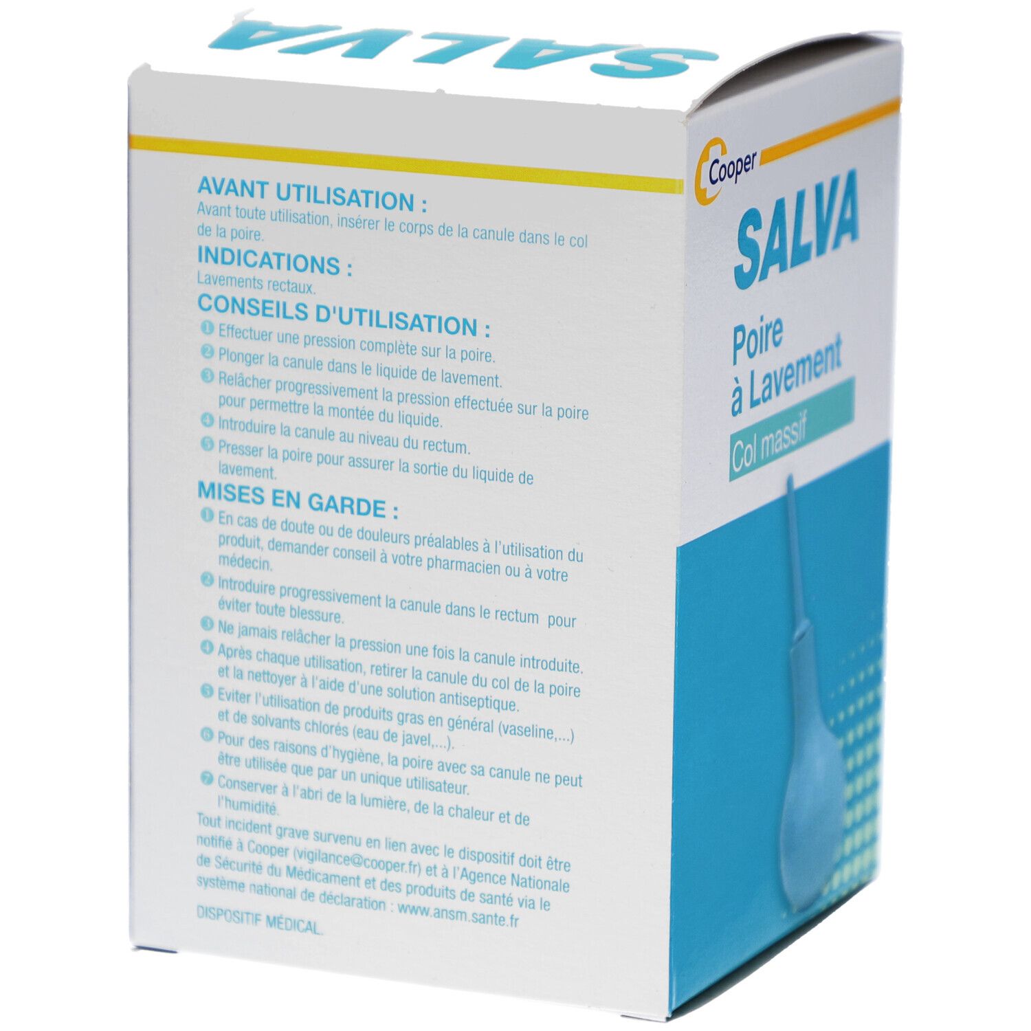 Boîte SALVA Poire à Lavement Col massif. Dos avec instructions et précautions. Logo Cooper.