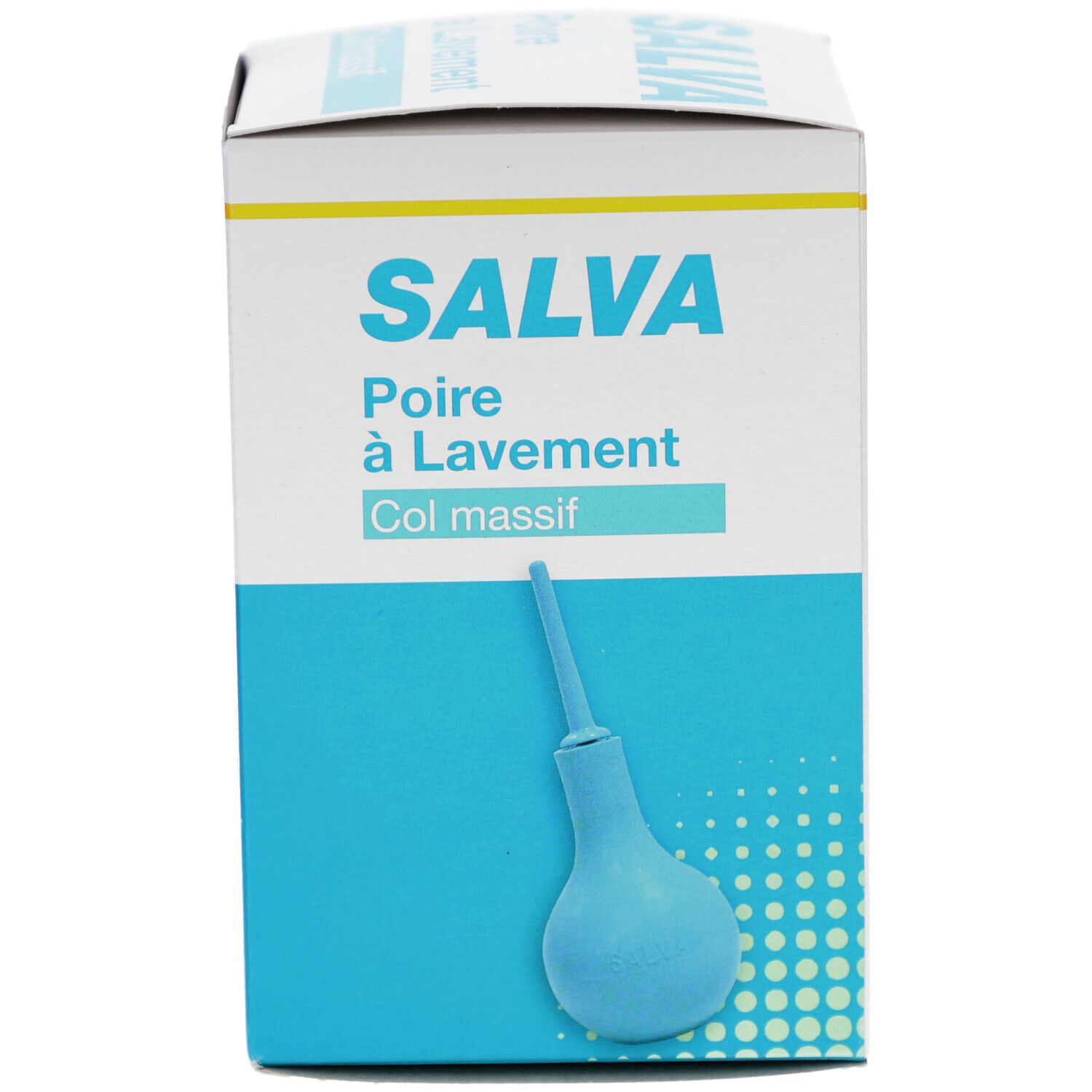 Boîte SALVA Poire à Lavement Col massif. Illustration du produit. Design blanc et bleu.