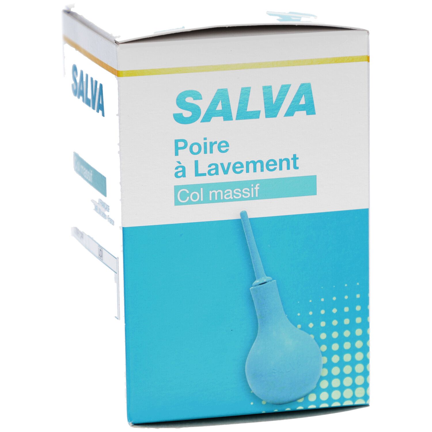 Boîte SALVA Poire à Lavement Col massif. Illustration du produit. Design blanc et bleu.