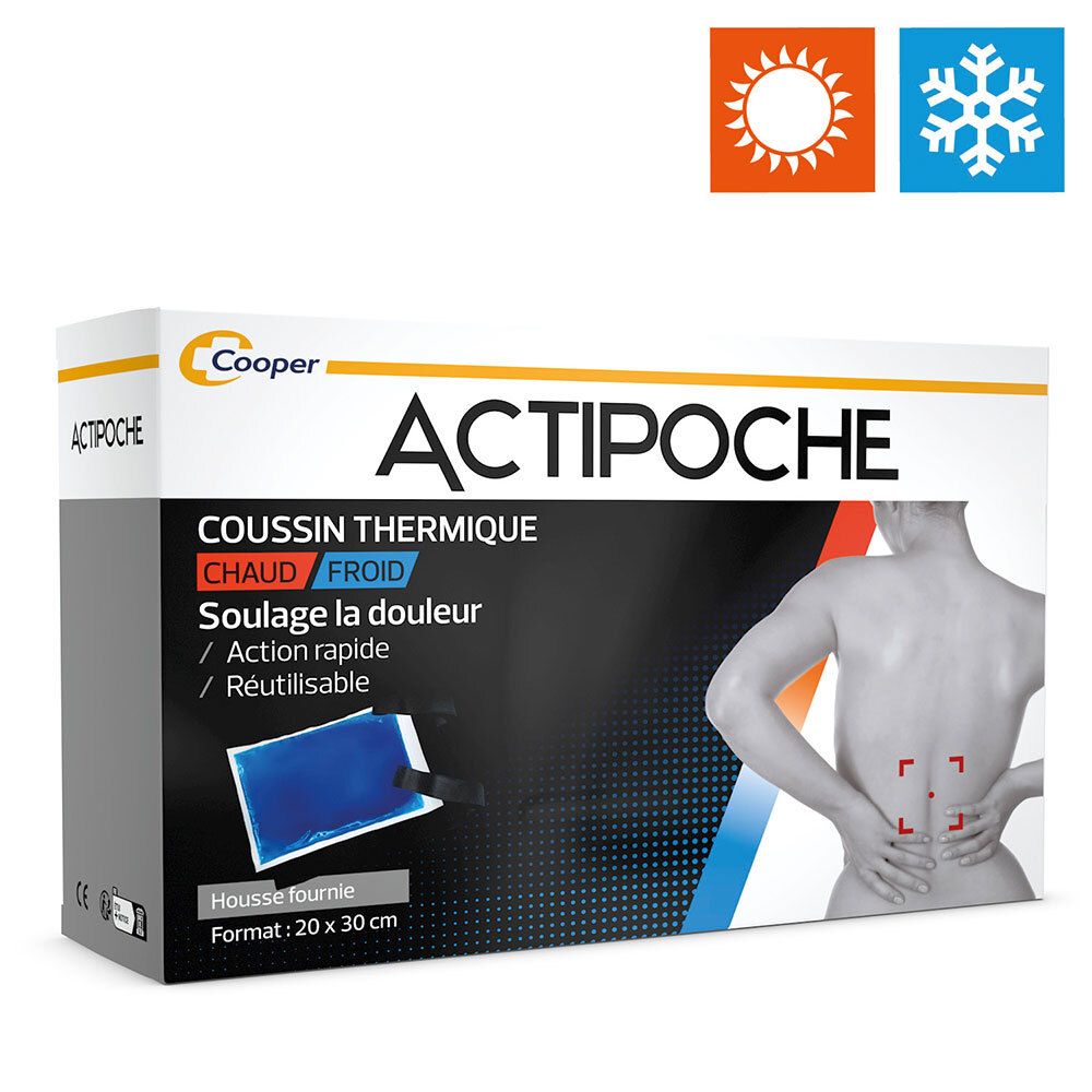 Boîte ACTIPOCHE. Coussin thermique bleu, format 20 x 30 cm. Symboles soleil et flocon. Marque Cooper.