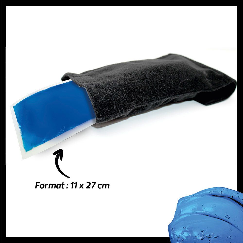 Housse noire avec coussin bleu. Format 11 x 27 cm. Flèche indiquant le format. Produit pour application chaude ou froide.