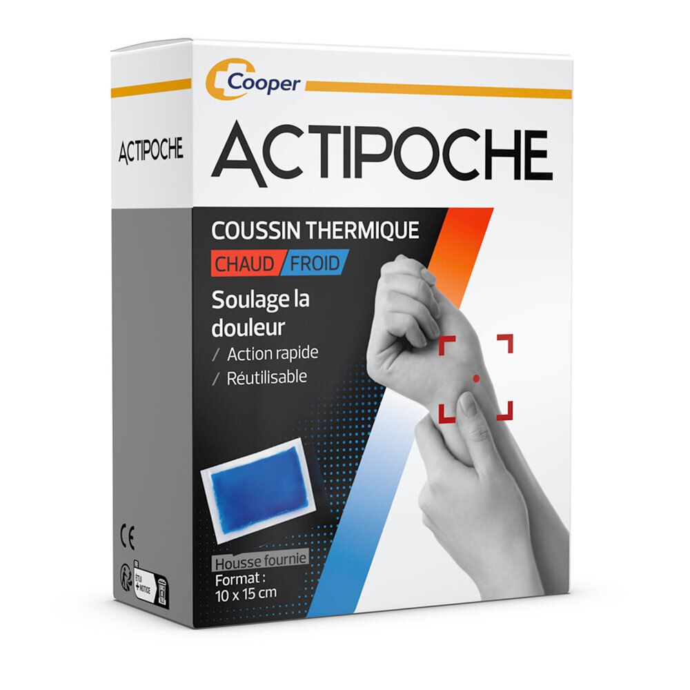 Boîte ACTIPOCHE. Coussin thermique chaud/froid, 10x15cm. Logo Cooper. Indications sur la douleur. Marquage CE.