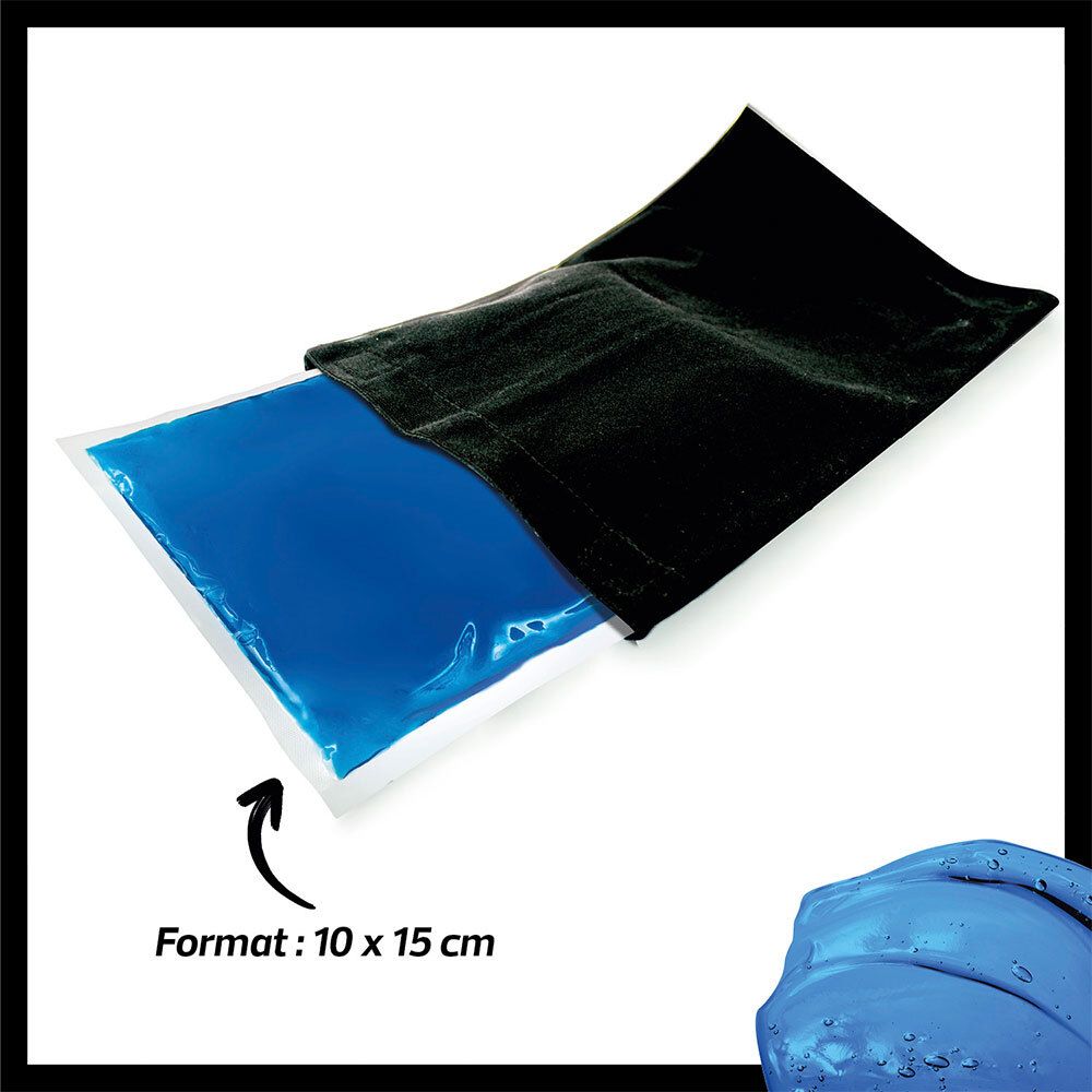 Coussin de gel bleu dans une housse noire. Format 10 x 15 cm. Flèche indiquant le format. Produit pour la douleur.