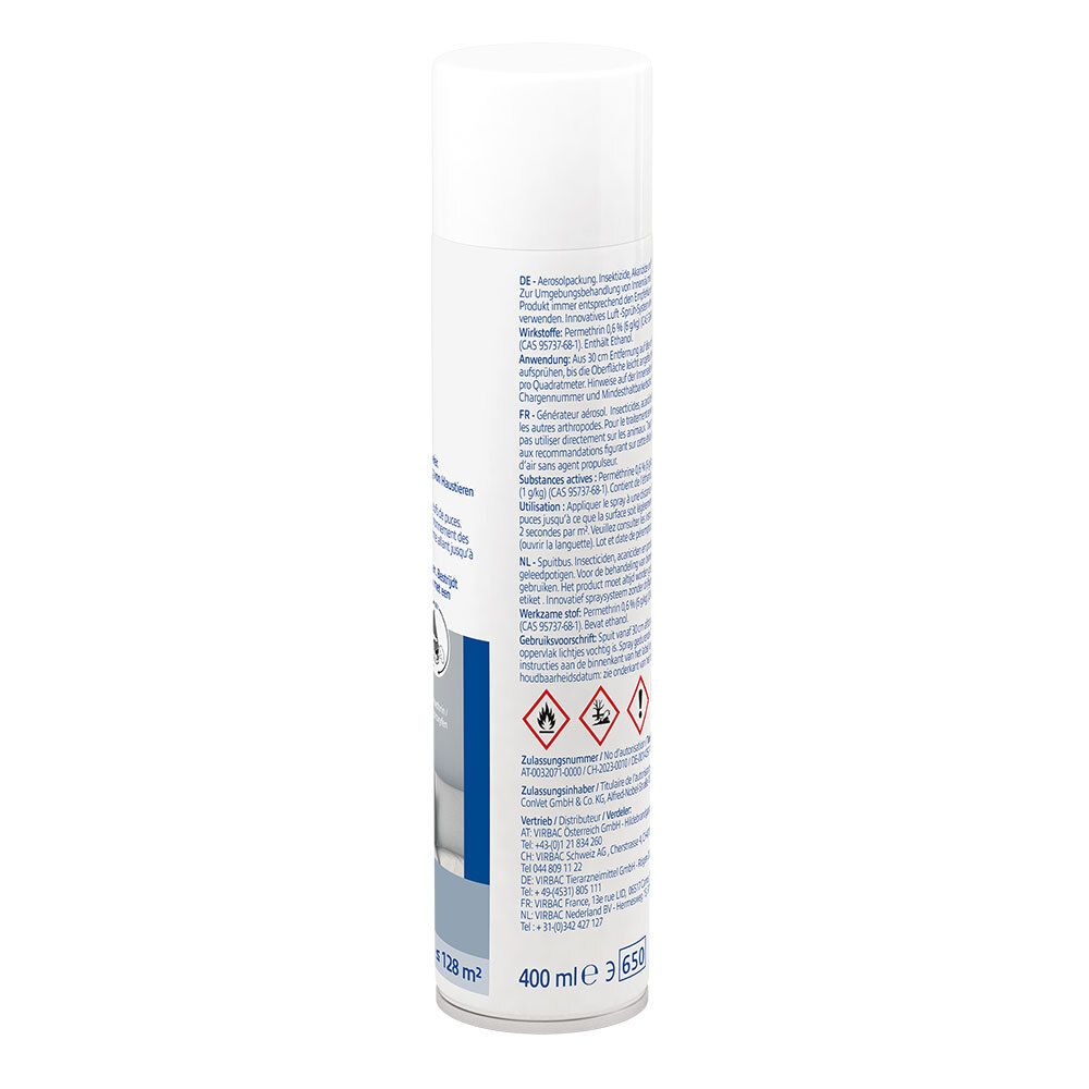 Dos de la bombe Virbac Indorex Defence Spray. Contient du texte multilingue, des avertissements et les coordonnées du fabricant.