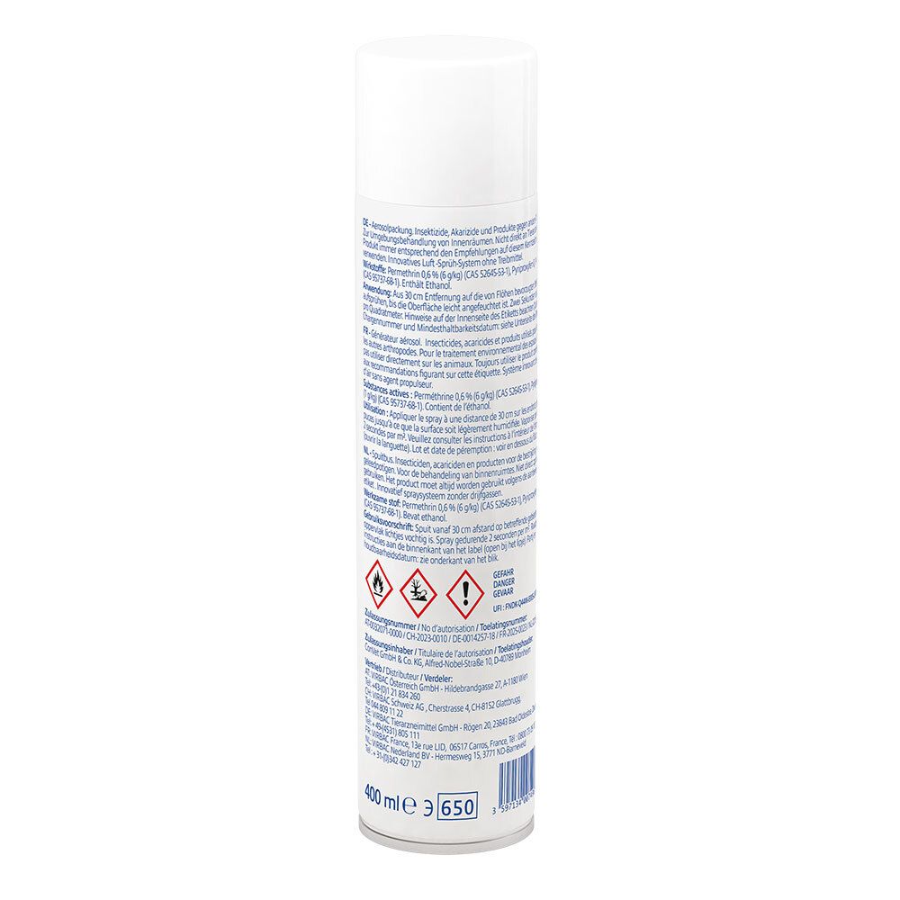 Dos de la bombe Virbac Indorex Defence Spray. Contient du texte multilingue, des avertissements et les coordonnées du fabricant.
