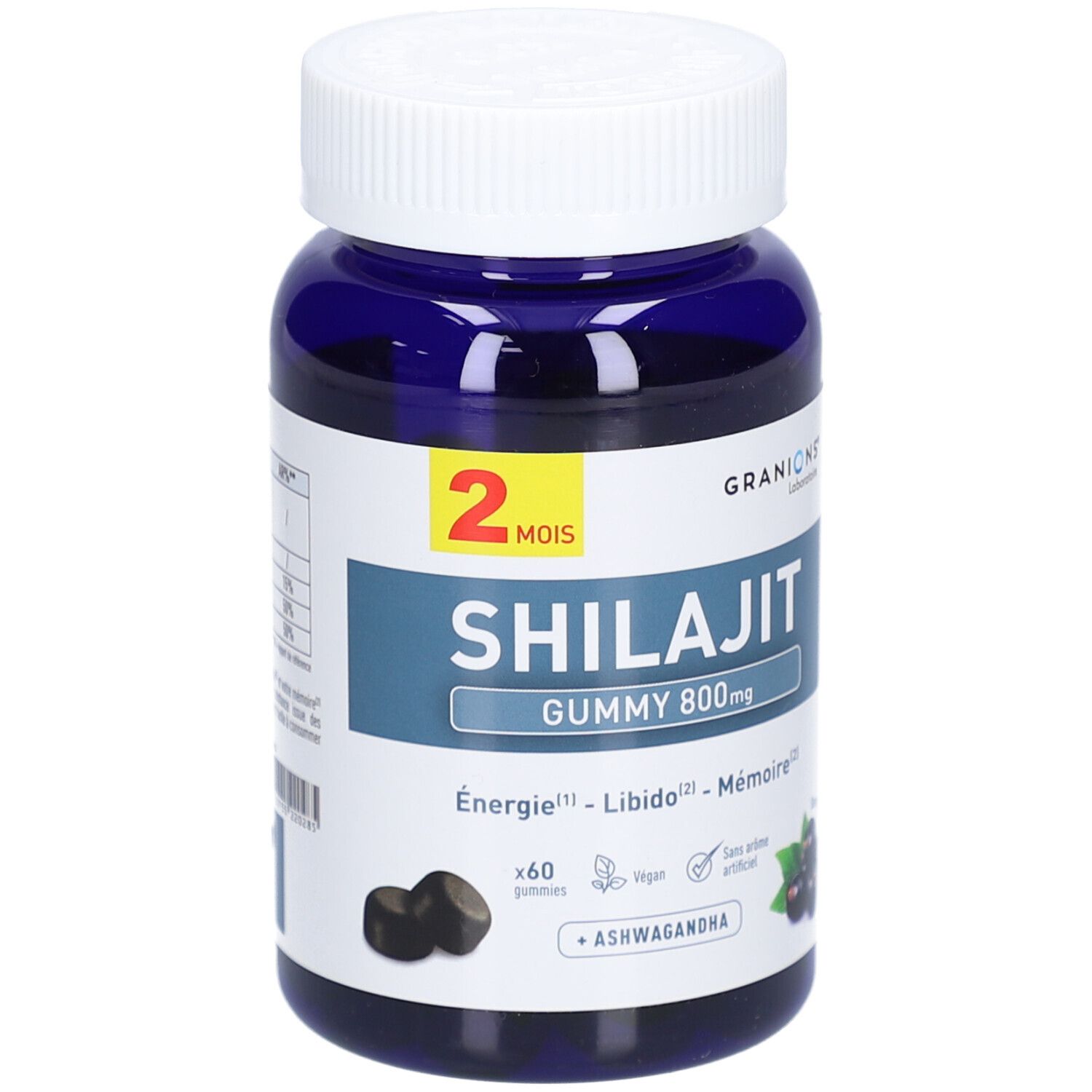 Flacon bleu, bouchon blanc. Inscription: Shilajit Gummy 800mg, 60 gummies, + Ashwagandha. Gummies noirs.