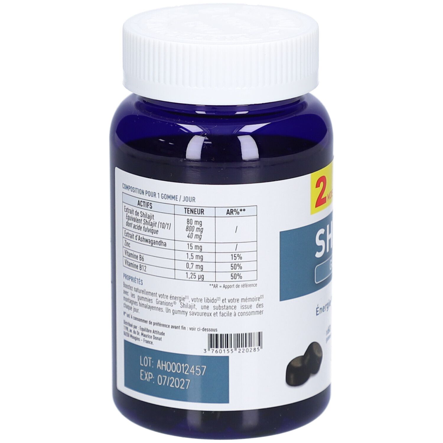 Dos du flacon bleu. Contient des informations sur les ingrédients et les valeurs nutritionnelles. Numéro de lot et date d'expiration.