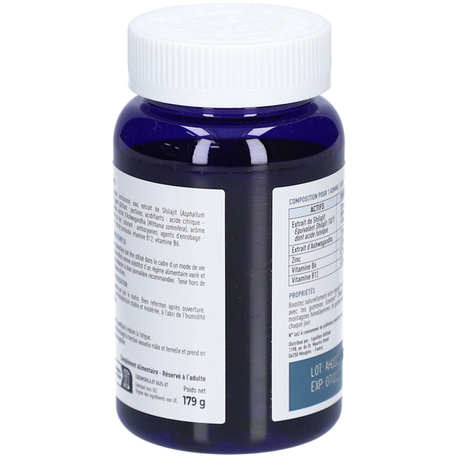 Dos du flacon bleu. Contient des informations sur les ingrédients et les valeurs nutritionnelles. Poids 179g.