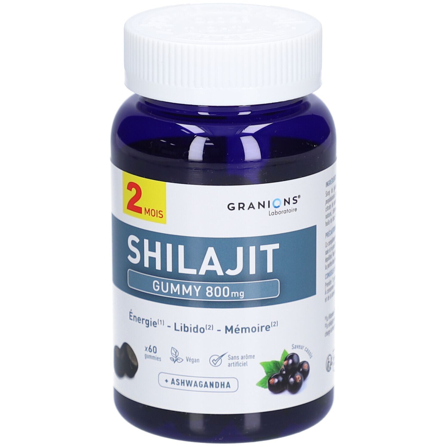 Flacon bleu, bouchon blanc. Inscription: Shilajit Gummy 800mg, 60 gummies, + Ashwagandha. Gummies noirs.