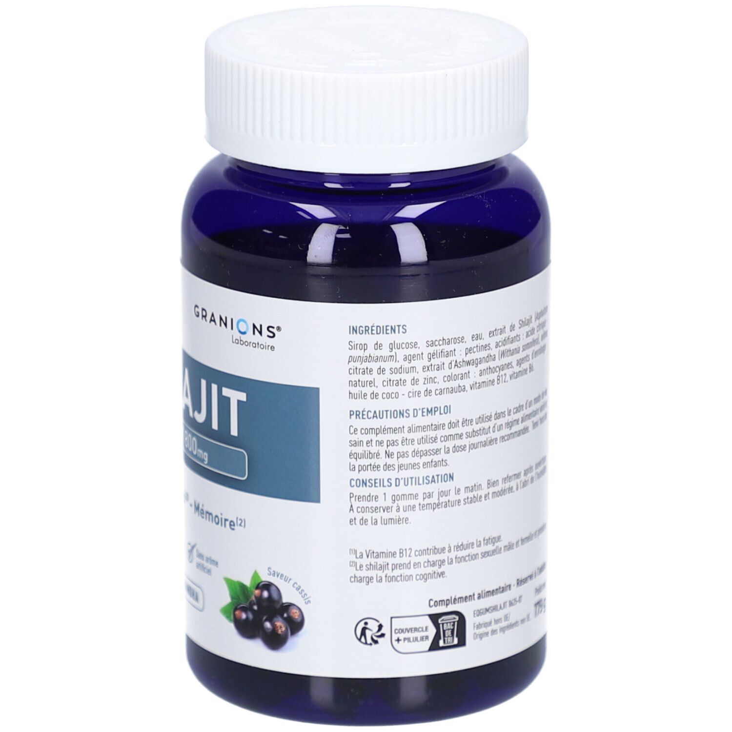 Dos du flacon bleu. Contient des informations sur les ingrédients et les valeurs nutritionnelles. Mode d'emploi.