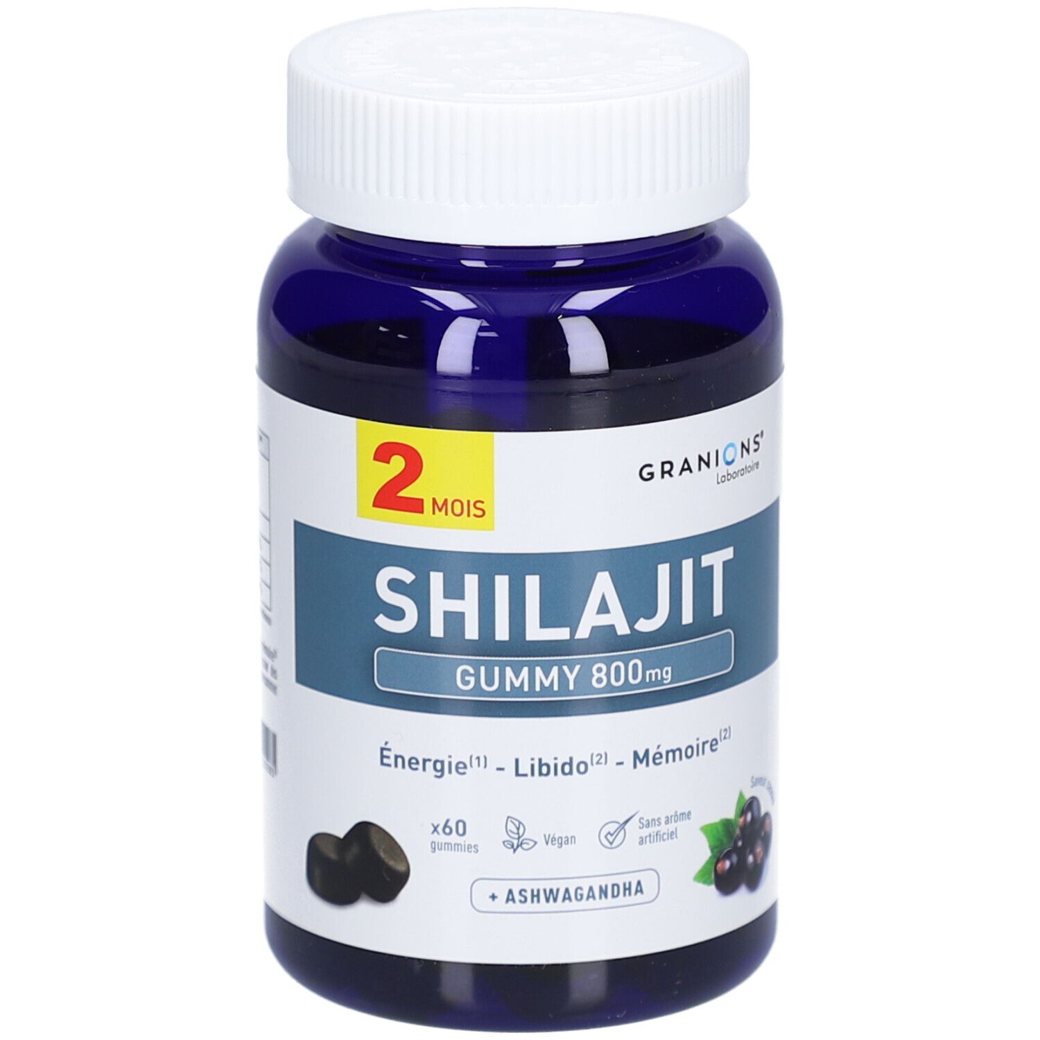 Flacon bleu, bouchon blanc. Inscription: Shilajit Gummy 800mg, 60 gummies, + Ashwagandha. Gummies noirs.