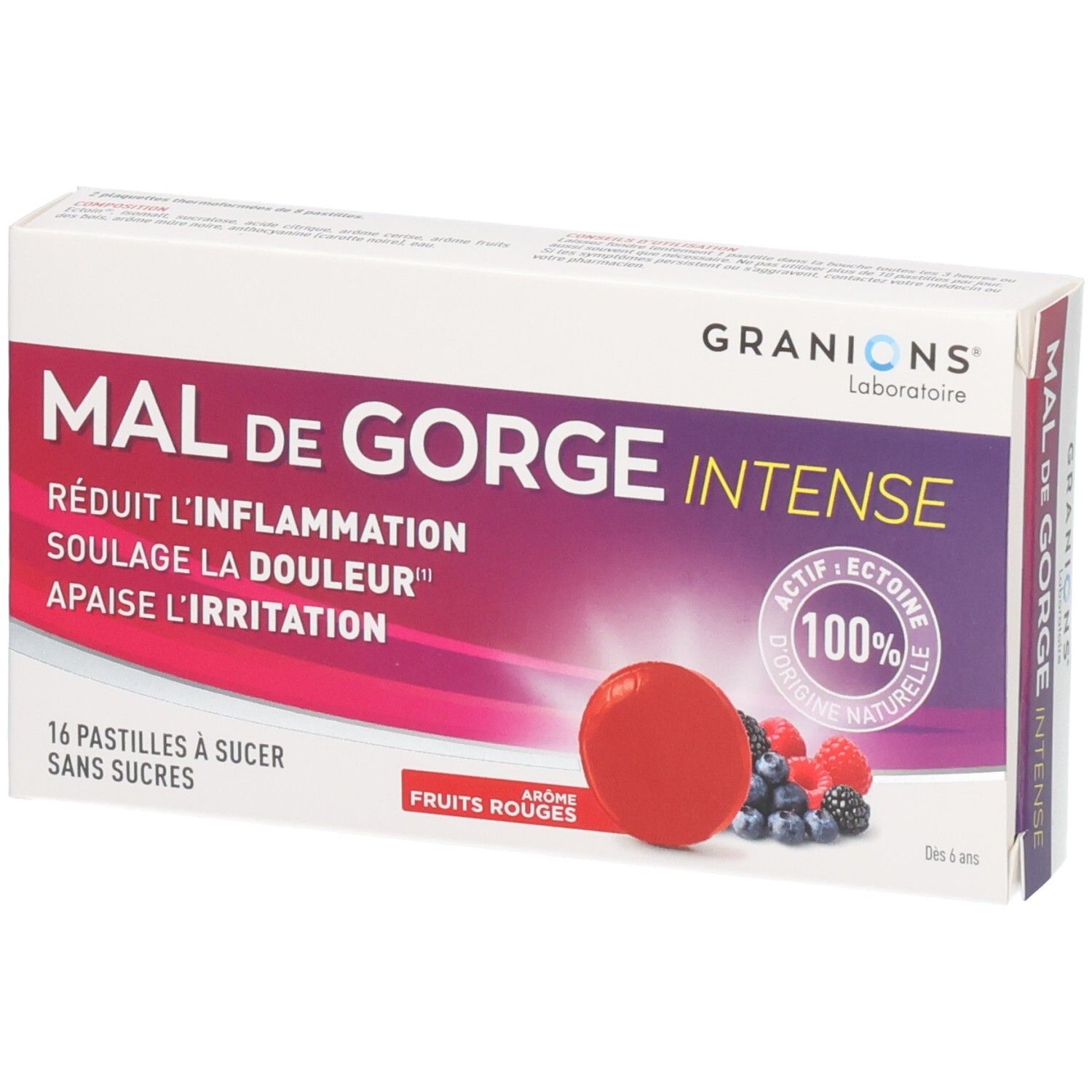 Boîte Granions Mal de Gorge Intense, 16 pastilles sans sucre, arôme fruits rouges.