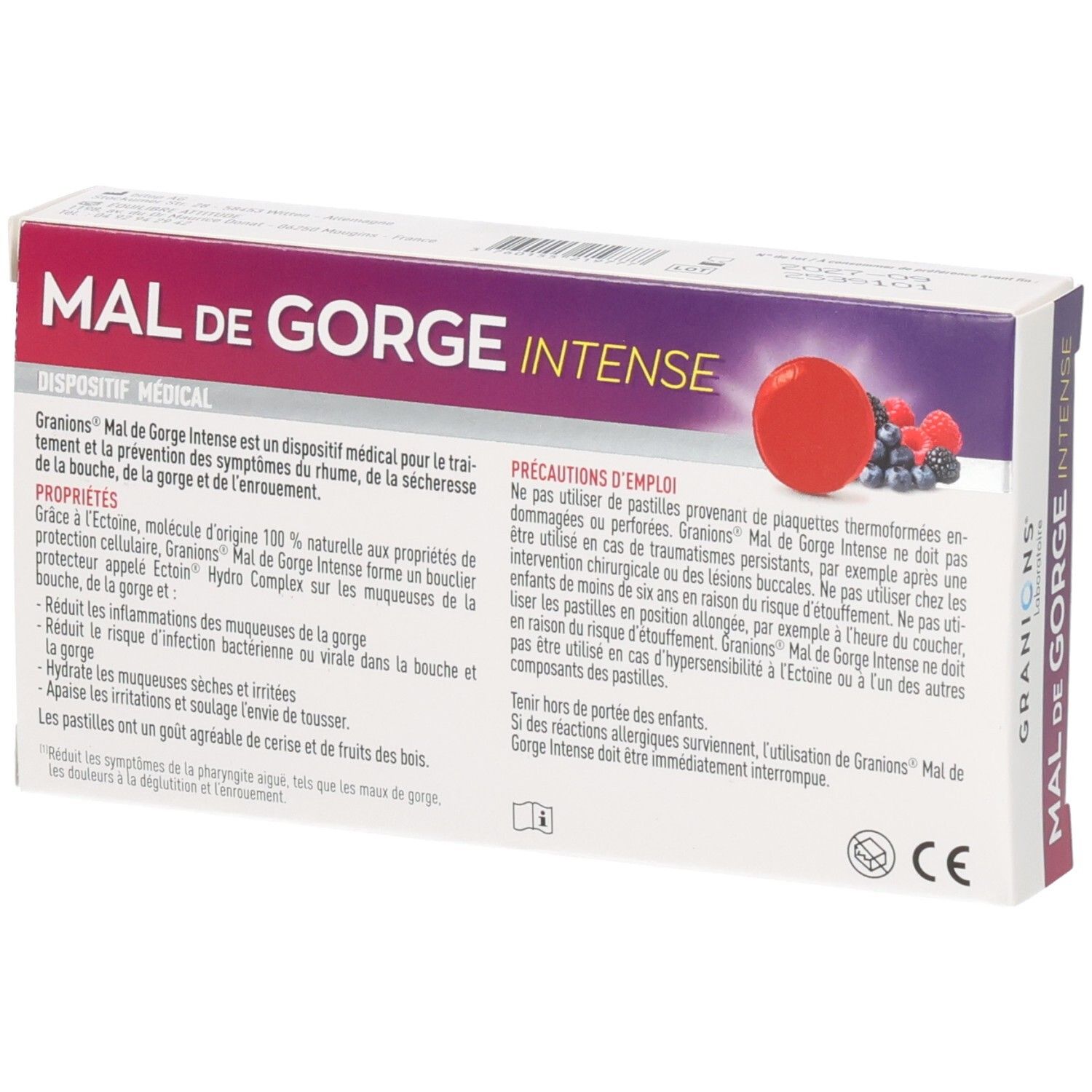Dos de la boîte Granions Mal de Gorge Intense avec propriétés du produit et instructions d'utilisation.