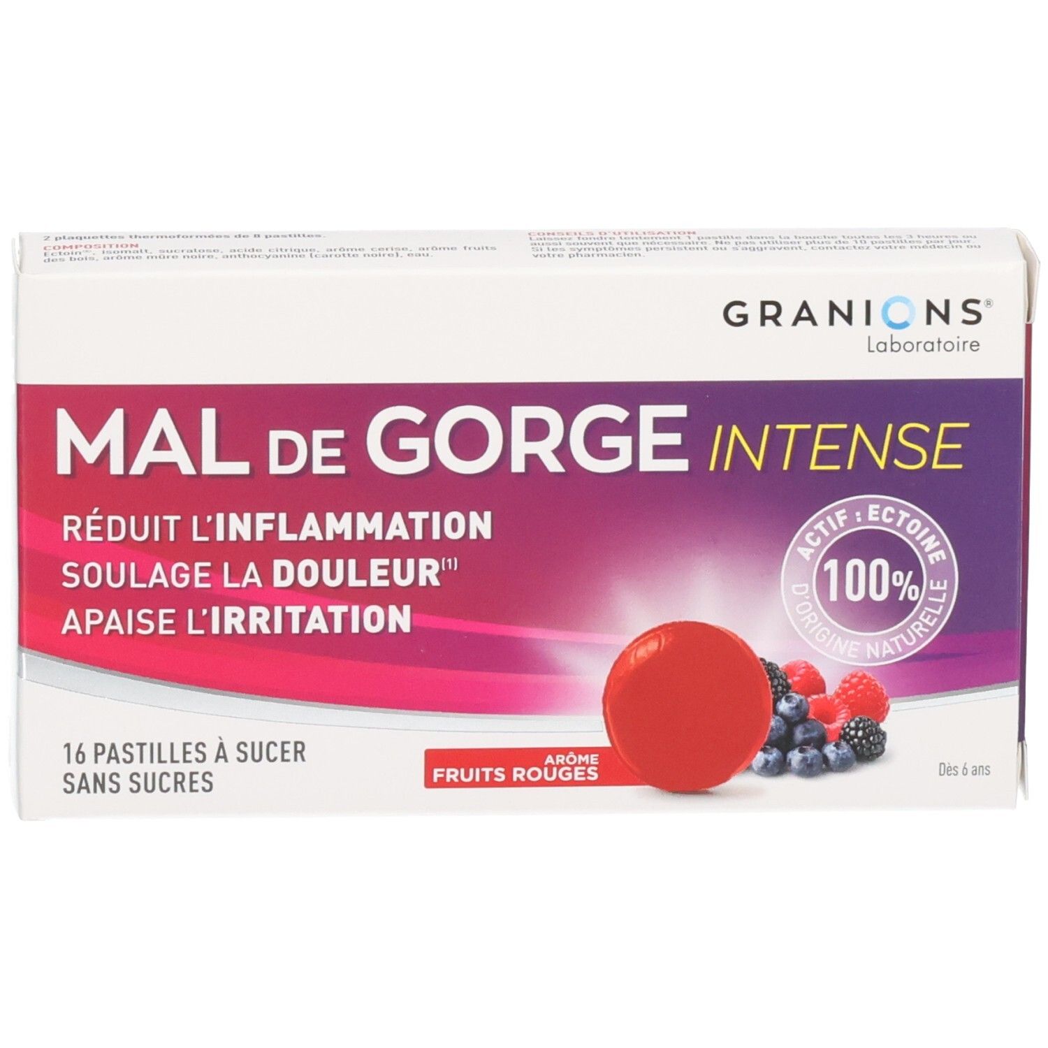 Boîte Granions Mal de Gorge Intense, 16 pastilles sans sucre, arôme fruits rouges.