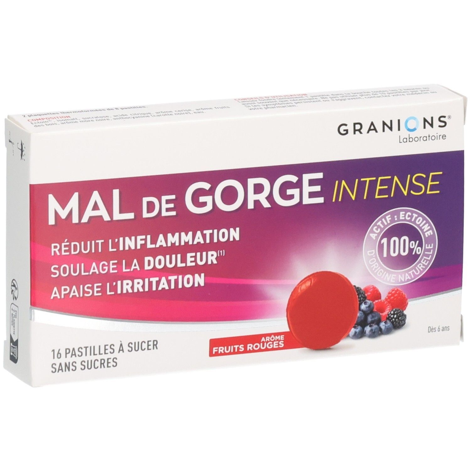 Boîte Granions Mal de Gorge Intense, 16 pastilles sans sucre, arôme fruits rouges.