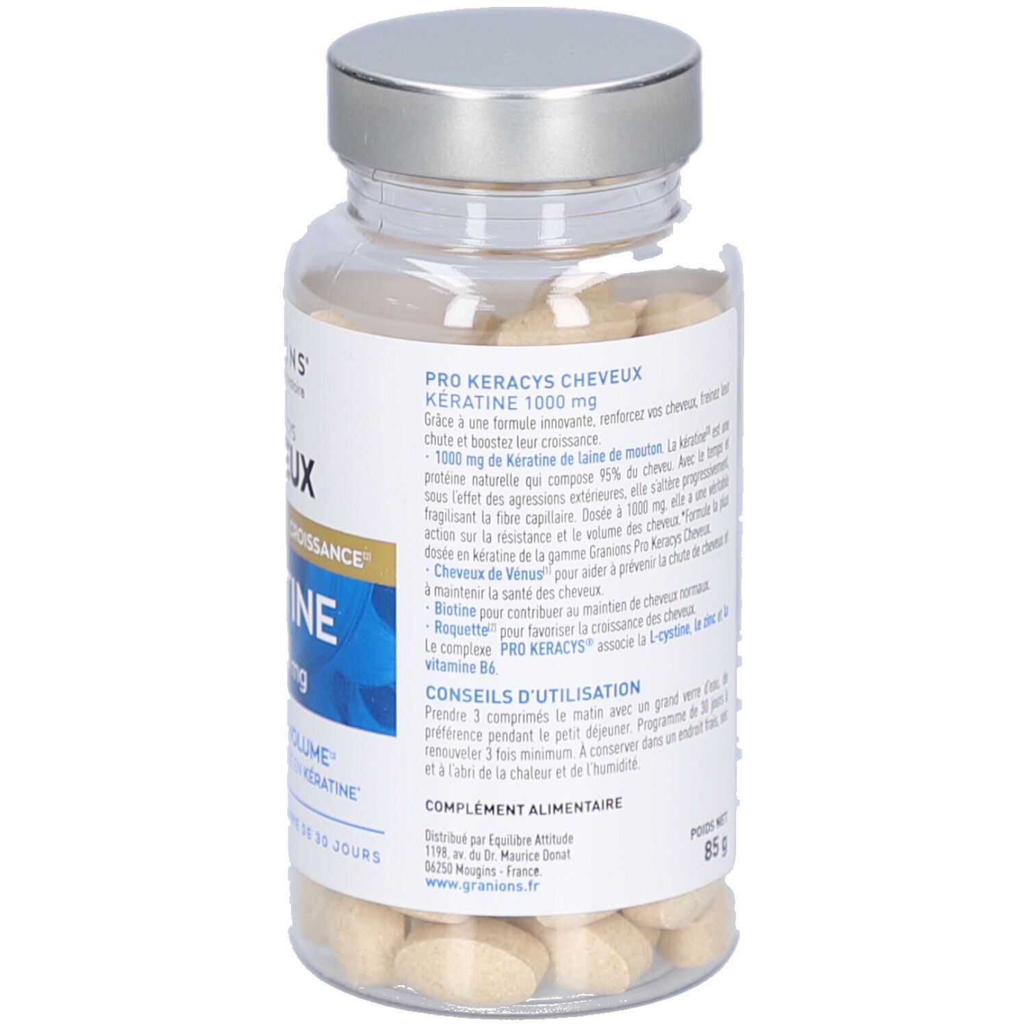 Gélules dans un flacon transparent avec bouchon argenté. Nom du produit et informations sur l'étiquette.