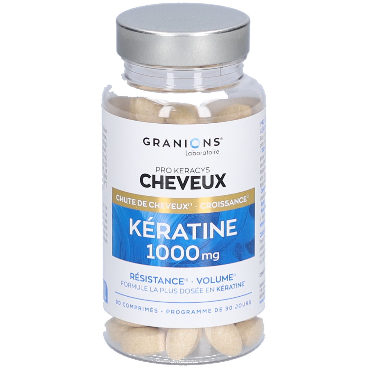 Flacon transparent avec bouchon argenté, rempli de gélules. Nom du produit et détails sur l'étiquette.