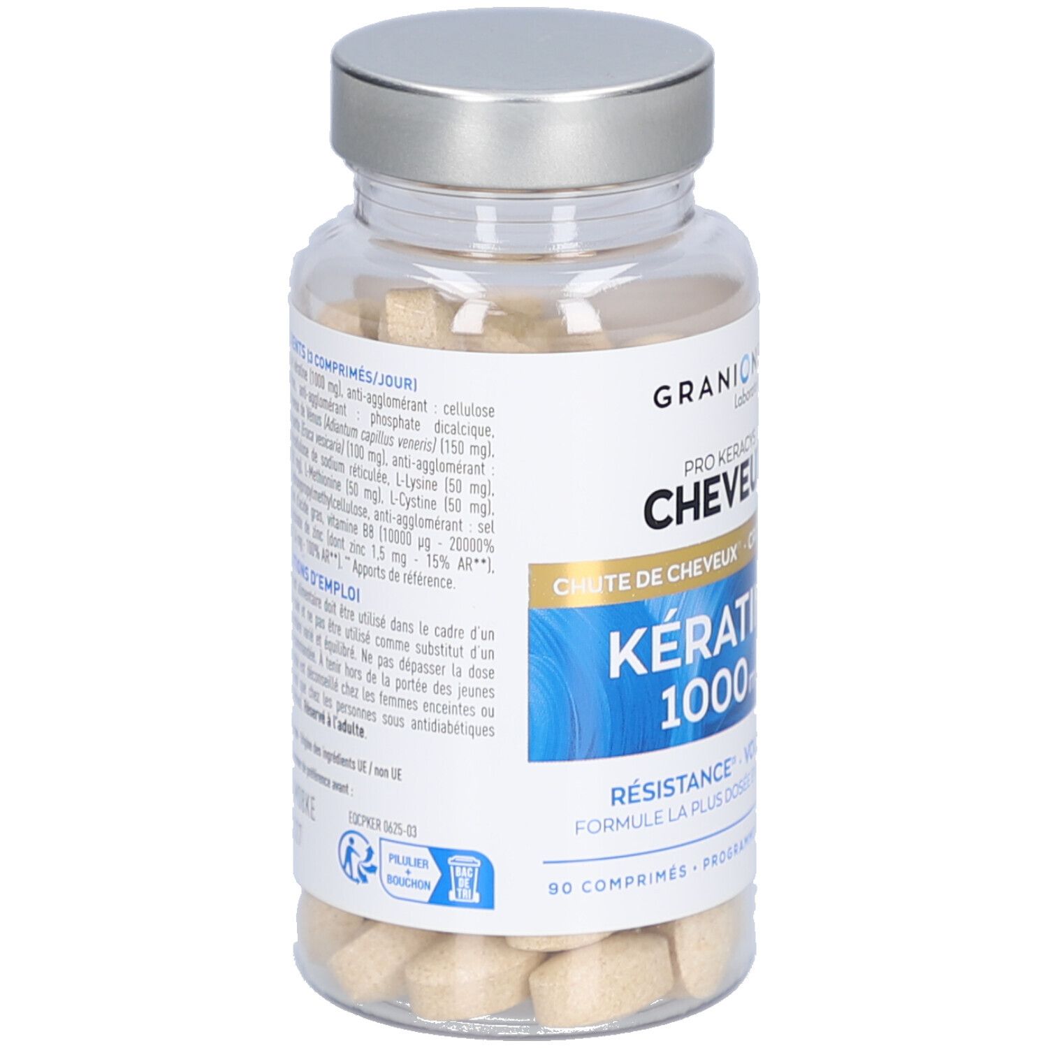 Gélules dans un flacon transparent avec bouchon argenté. Informations produit et ingrédients sur l'étiquette.