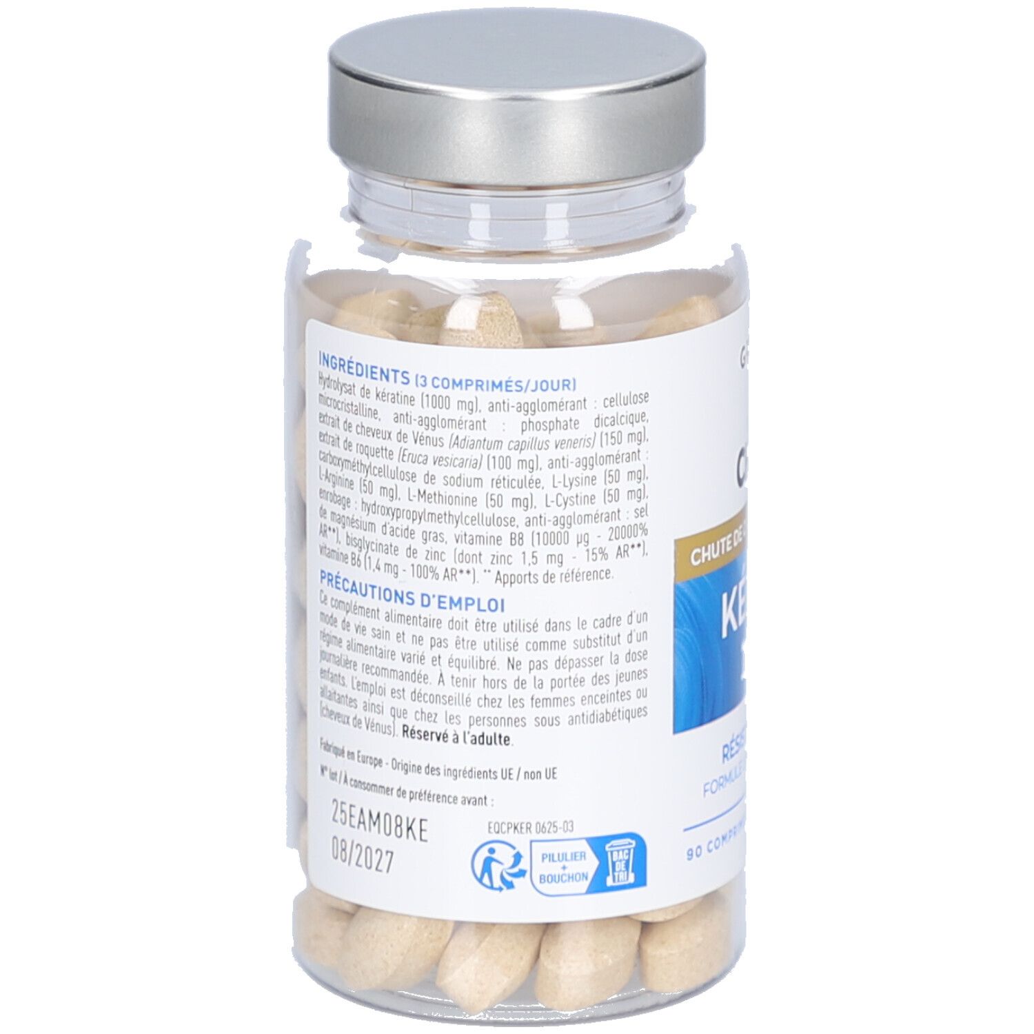 Gélules dans un flacon transparent avec bouchon argenté. Étiquette avec informations produit et ingrédients.